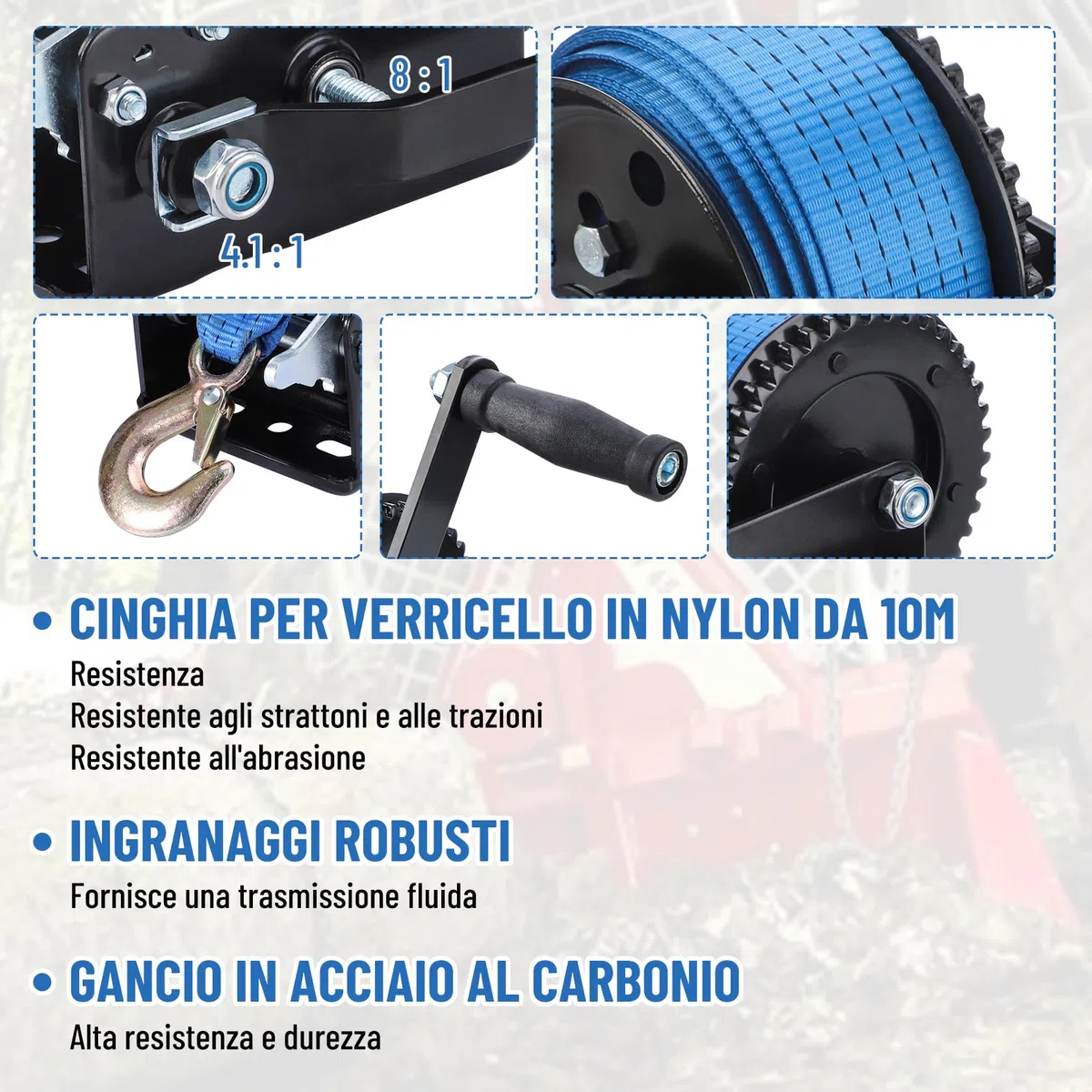Pindex Verricello Manuale con Cinghia 10 M, Argano a Mano 1000 Kg con Cinghia, Verricello per Barca, Verricello a Mano con Blocco di Ritorno per Officina, Garage, Rimorchi, Dinghi, Legno
