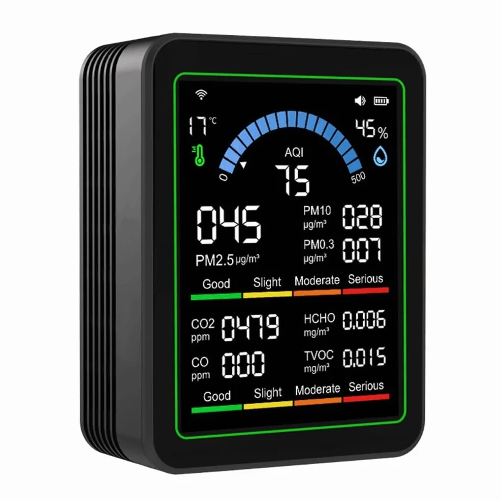 Monitor WiFi Qualità dell'Aria 10 in 1 Tuya Rilevamento CO HCHO PM2.5 PM1.0 PM10 PM0.3 Sensore Temperatura Umidità Tester Aria Interna Nero