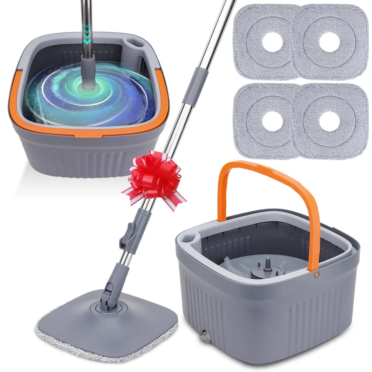 Sgizoku Set Mocio con Secchio, Mop Rotante a 360° con Strizzatoio, Funzione Lavaggio e Asciugatura, Separa Acqua Sporca e Pulita, Manico Telescopico con 4 Tamponi Riutilizzabili per Tutti