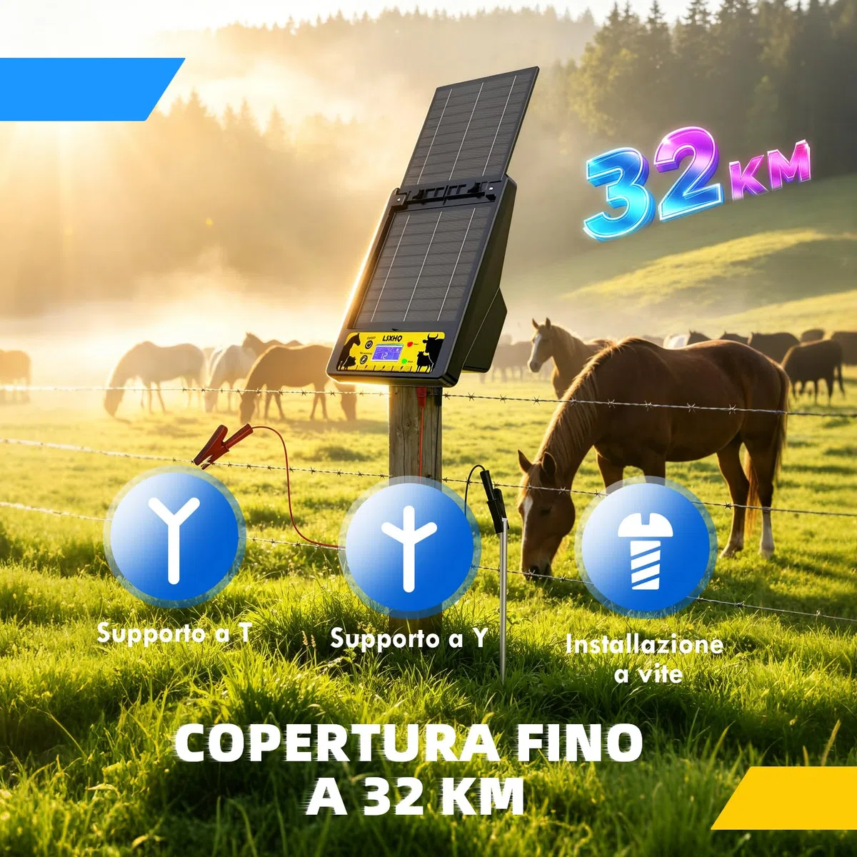 Elettrificatore per Recinti Solare per Portata 32 KM, Batteria al Litio 18000mAh, Elettrificatore con Pannello Solare 10W, 0.3-2J, 6KV-12KV Regolabile, Protezione per Pollame, Bestiame (Nero)