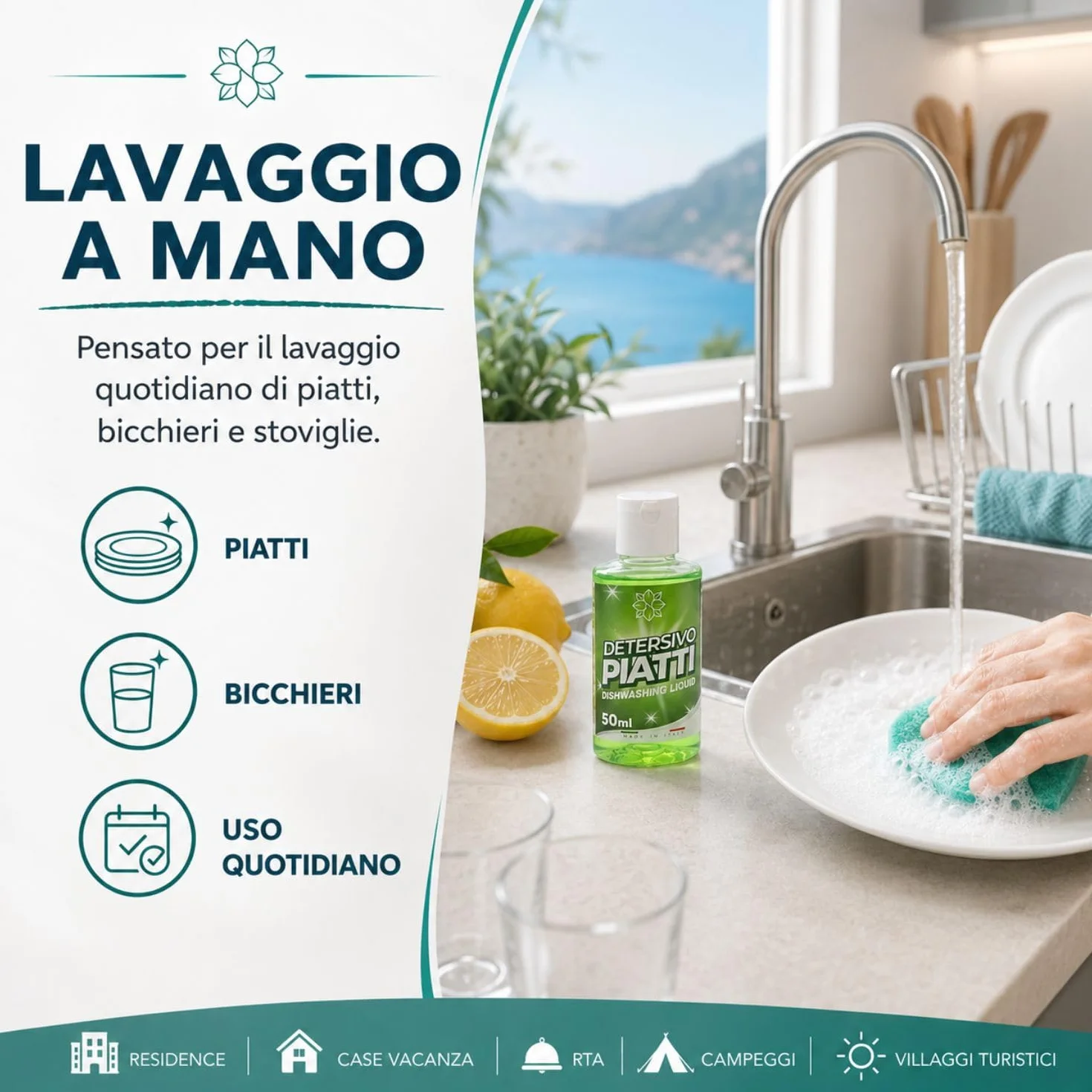 Detersivo piatti a mano per residence e case vacanza 50 flaconi da 50 ml, mini detersivo piatti al profumo di limone con tappo flip-top - Made in Italy