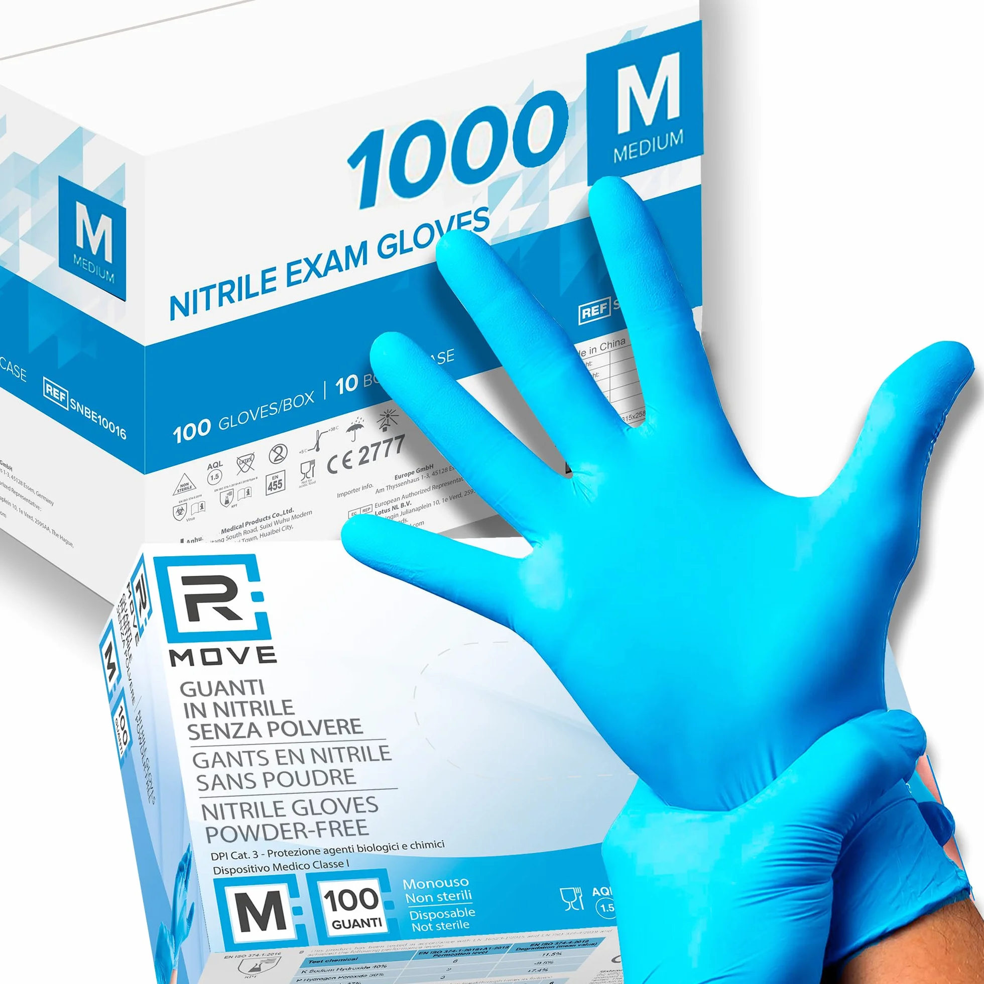 R MOVE 1000 guanti in nitrile monouso senza polvere, senza lattice, ipoallergenici, certificati CE EN455, guanti per alimenti, guanti medici (Taglia M)