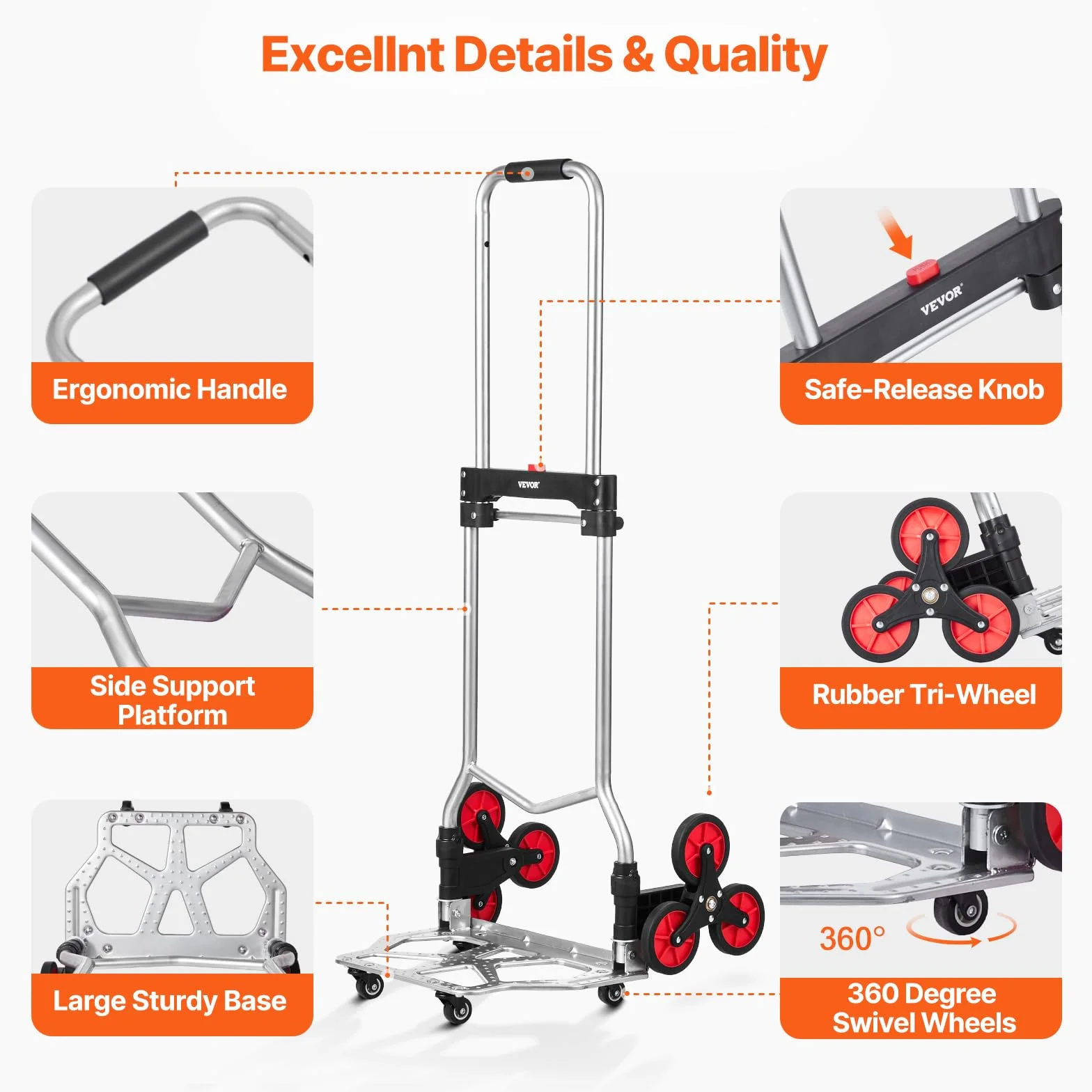 VEVOR Carrello per Salire Scale con Capacità 117,9 kg, Pieghevole per Carichi Pesanti con Maniglia Telescopica, 10 Ruote 2 Corde Elastiche per Ufficio, Shopping