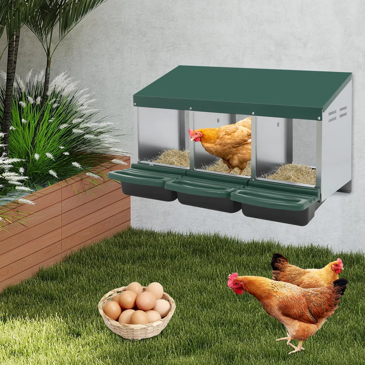 Nido per polli, 3 scomparti, con nido rotolabile per uova, zincato, con protezione per raccogliere le uova, montaggio a parete, 3 posti per stalla, con ventilazione (81 x 52 x 48 cm) (verde)