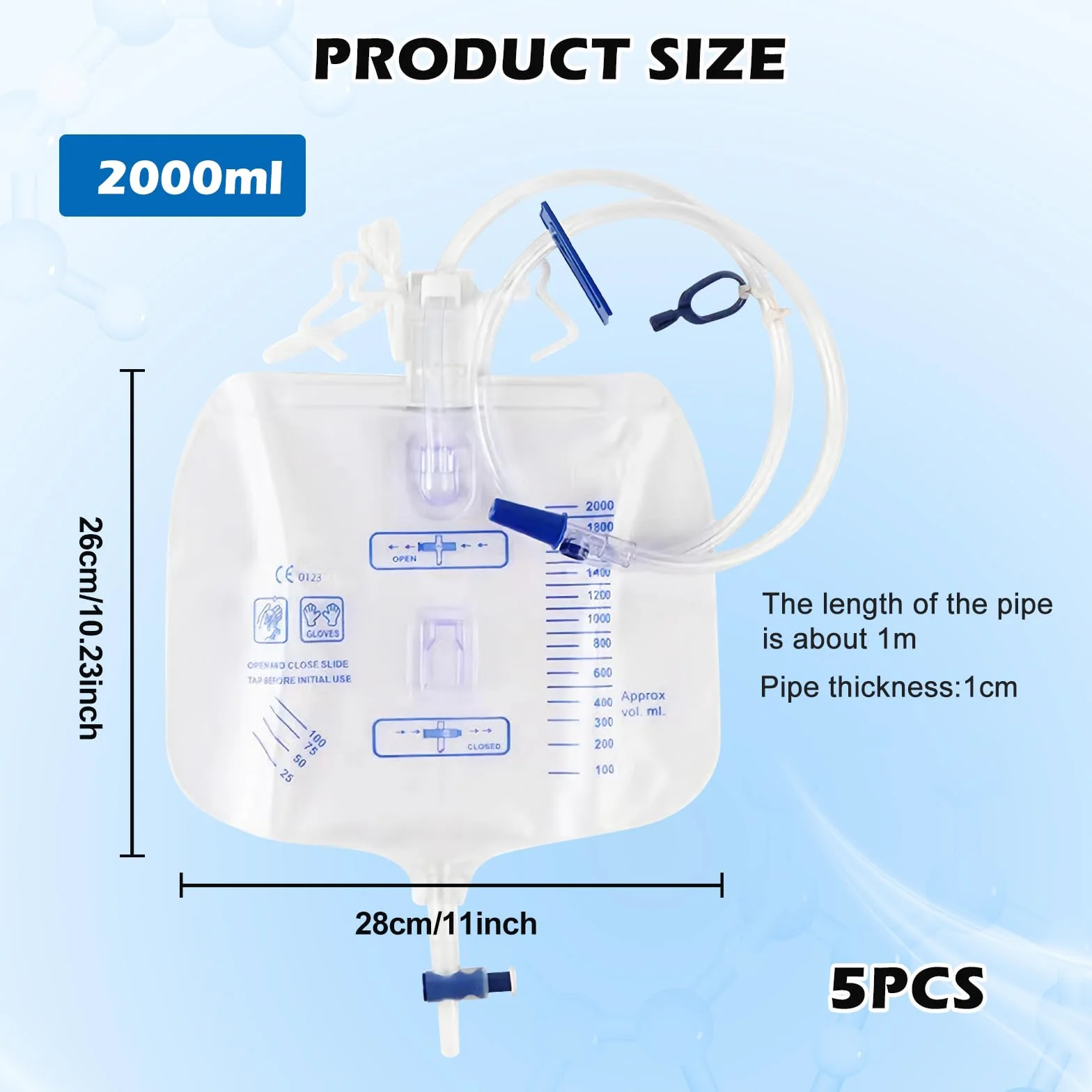 Sacchetti per urina 2000 ml con tubo 1 m, sacchetti per catetere incontinenza, sistemi drenaggio chiusi scala leggibile