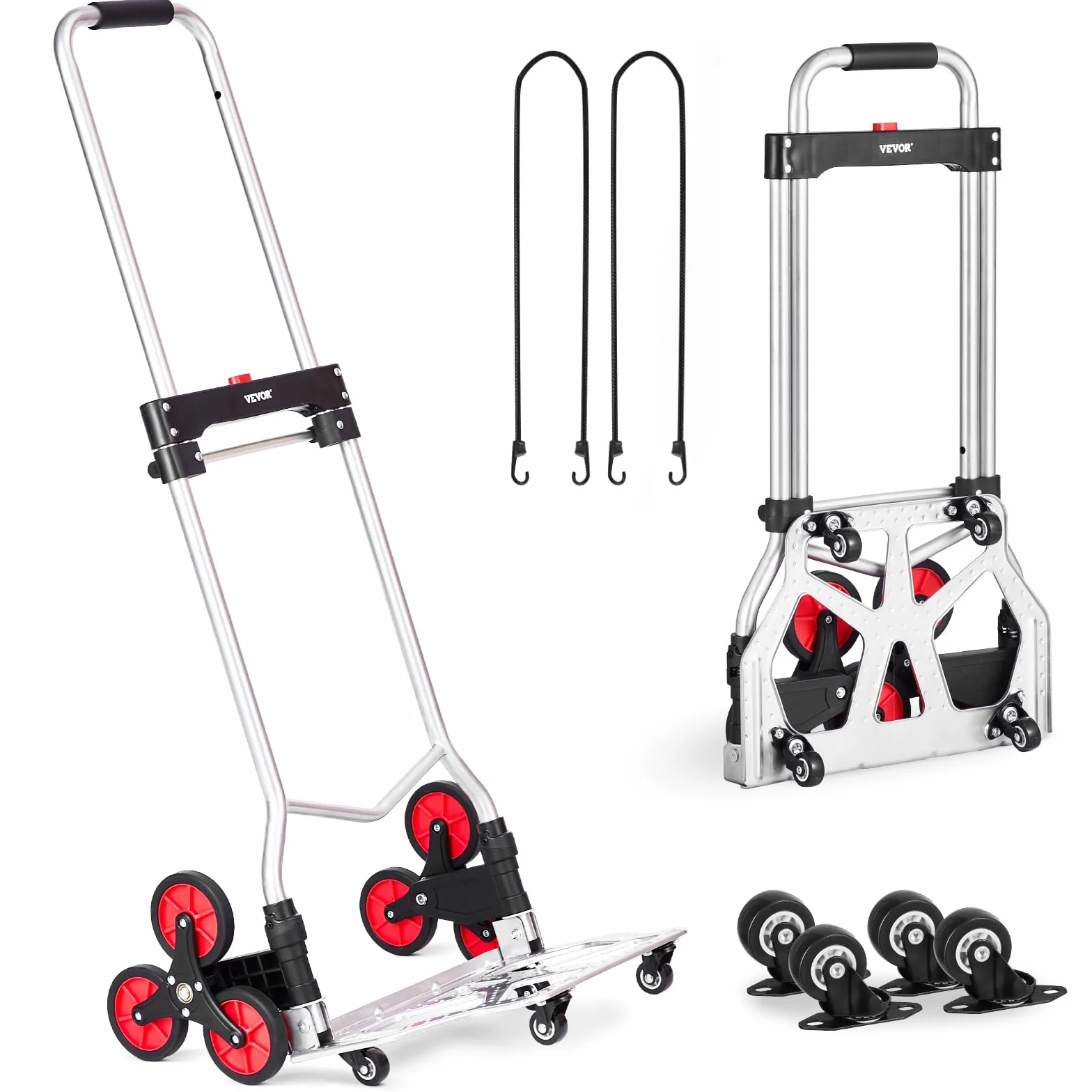 VEVOR Carrello per Salire Scale con Capacità 117,9 kg, Pieghevole per Carichi Pesanti con Maniglia Telescopica, 10 Ruote 2 Corde Elastiche per Ufficio, Shopping