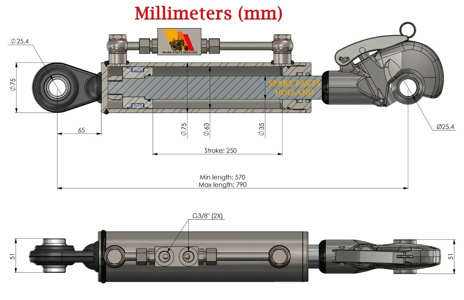Terzo punto idraulico per trattore CAT 2 + 2 ganci gancio 250 mm Corsa blocco di bloccaggio con completo di tubi
