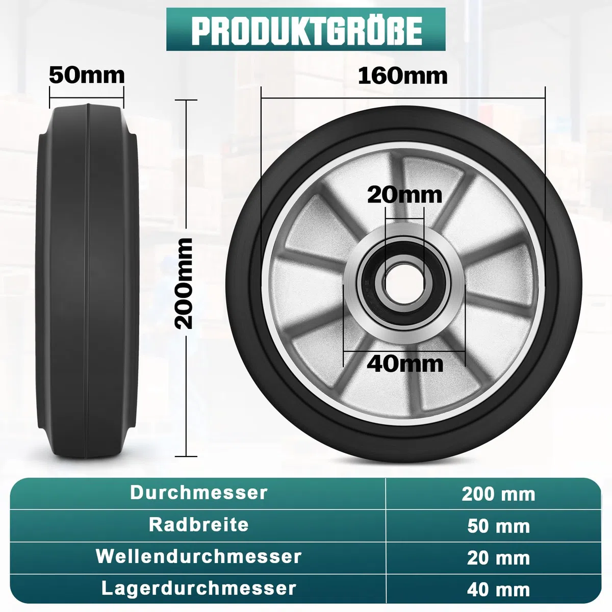 2 pezzi ruote in gomma per transpallet 200 x 50 mm, ruote di ricambio con cuscinetti a sfera | Asse 20 mm | Diametro 200 mm | Larghezza 50 mm | Carico massimo: 1500 KG