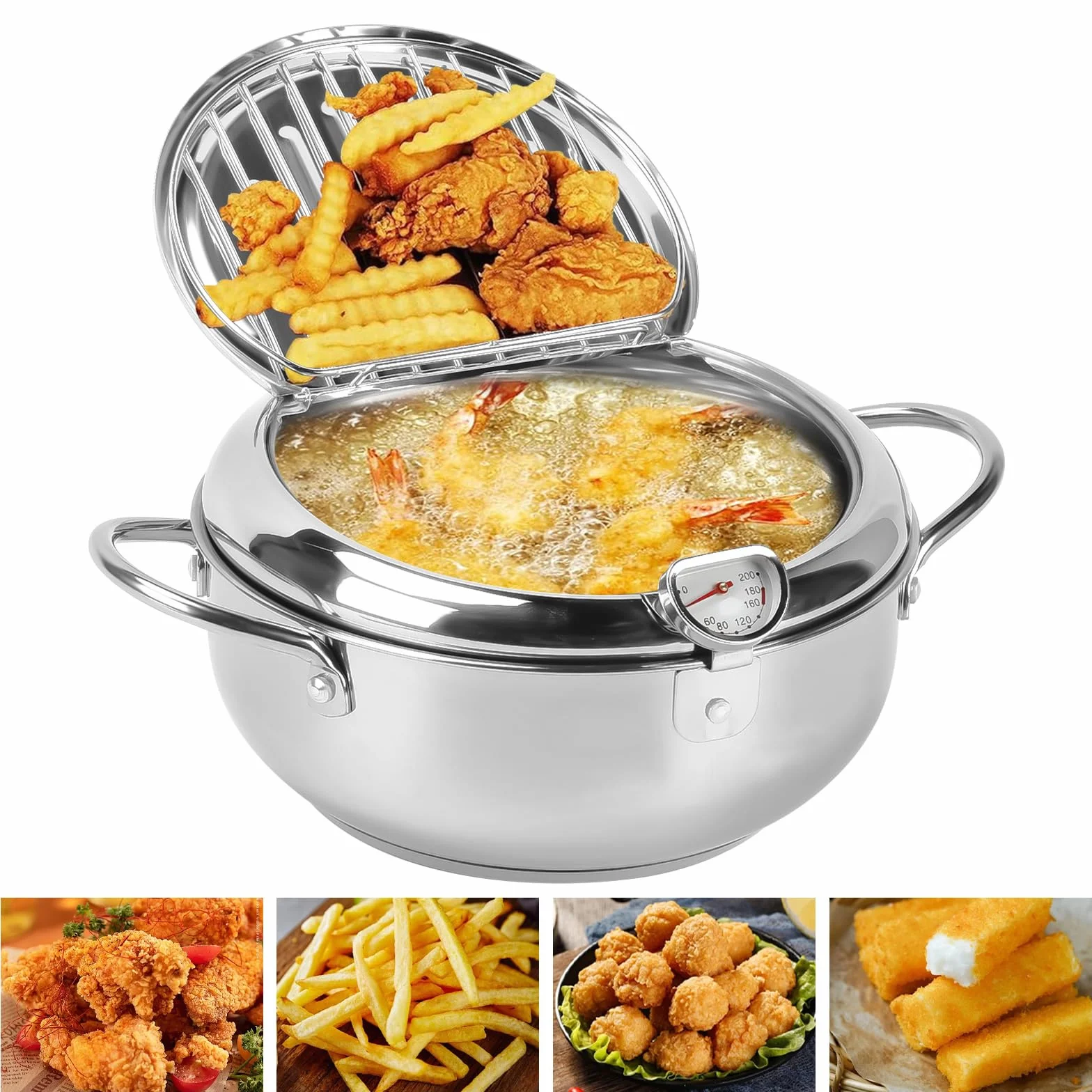 Pentola per Friggere, Friggitrice Tempura in Acciaio Inossidabile 304 Pentola friggitrice Giapponese Giapponese Tempura Friggitrice con Termometro per Pollo Francese, Pesce Secco (24 cm)