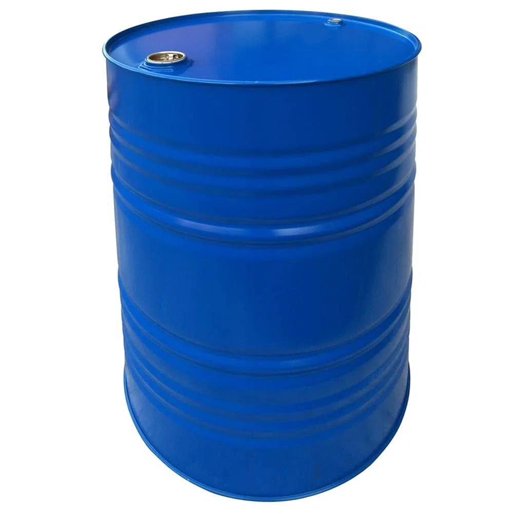 Fusto in ferro cilindrico, capacità 220 Lt, omologato ADR/ONU per liquidi, con tappi a vite Tri Sure (inclusi), corpo blu interno laccato