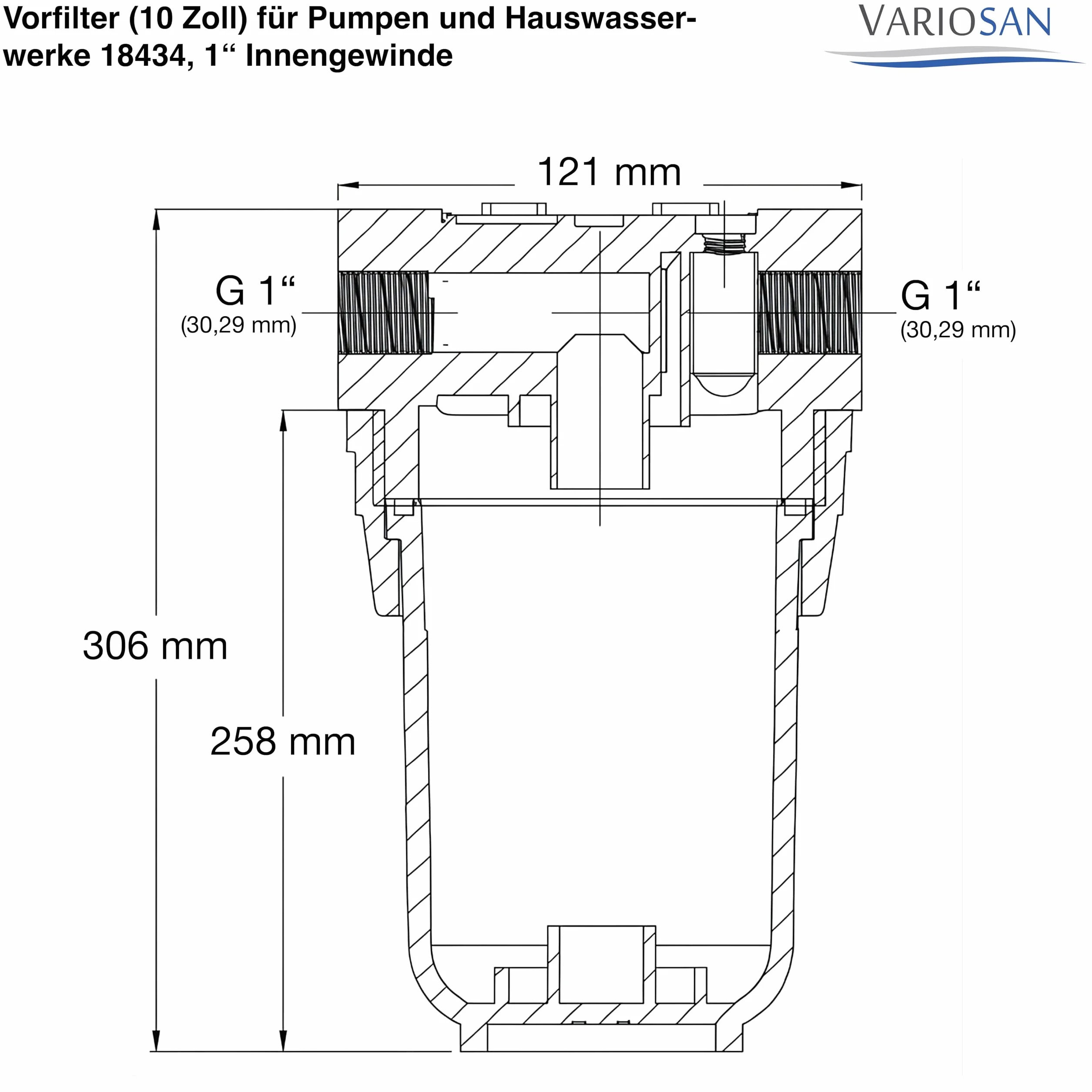 VARIOSAN Prefiltro (10 pollici) per pompe e impianti idraulici domestici 18434, filettatura interna 1", 8 bar, portata 6.000 l/h, larghezza maglie 0,06 mm