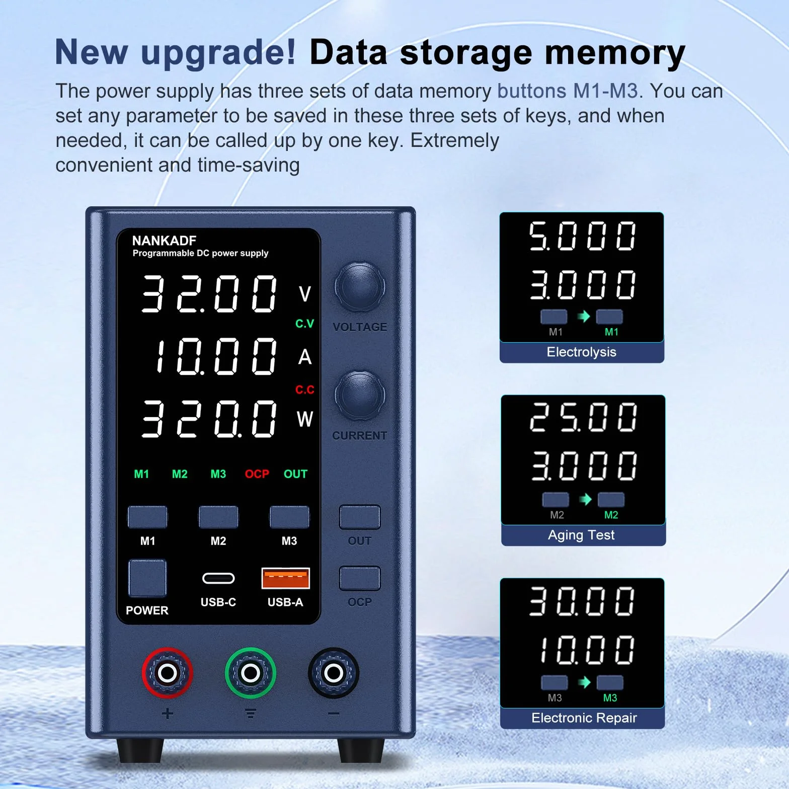 Alimentatore da Banco 0-32V/0-10A, Alimentatore da Laboratorio Regolato ad alta Precisione Display a LED a 4 cifre, con Controllo Encoder e Memoria dati