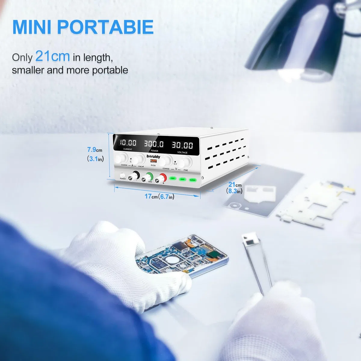 Alimentatore da Labotorio Alimentatore Stabilizzato Banco 30V 10A, Alimentatore DC Regolabile da Display LED a 4 Cifre, con Porta di Ricarica 5V2A USB, Pulsante OUTPUT, Manopola Encoder