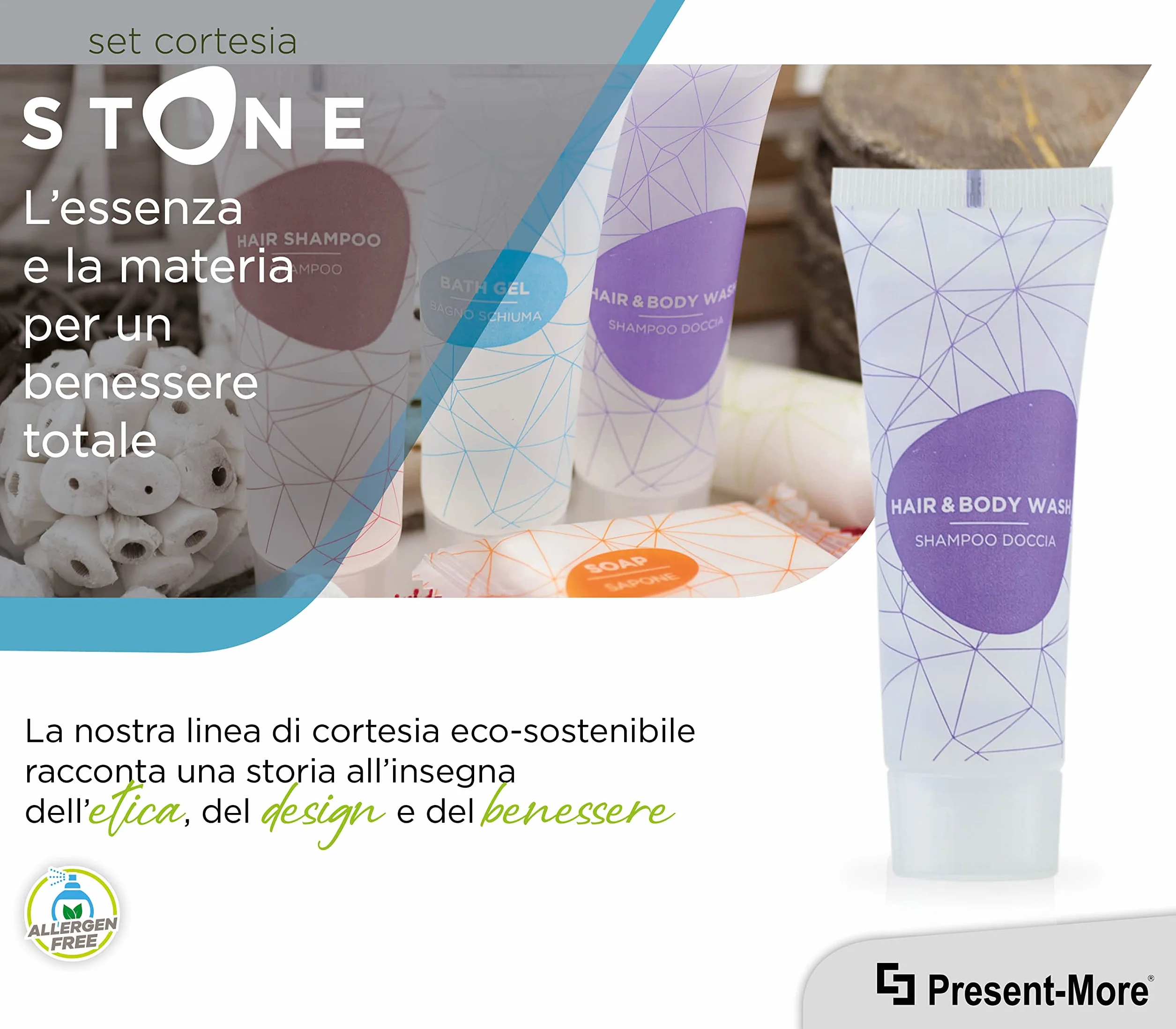 PRESENT-MORE - Doccia Shampoo 30ml Stone - Confezione da 125 Pezzi - Shampoo Doccia Monodose Senza Allergeni - Fragranza Relaxing - Ideale per Hotel e B&B
