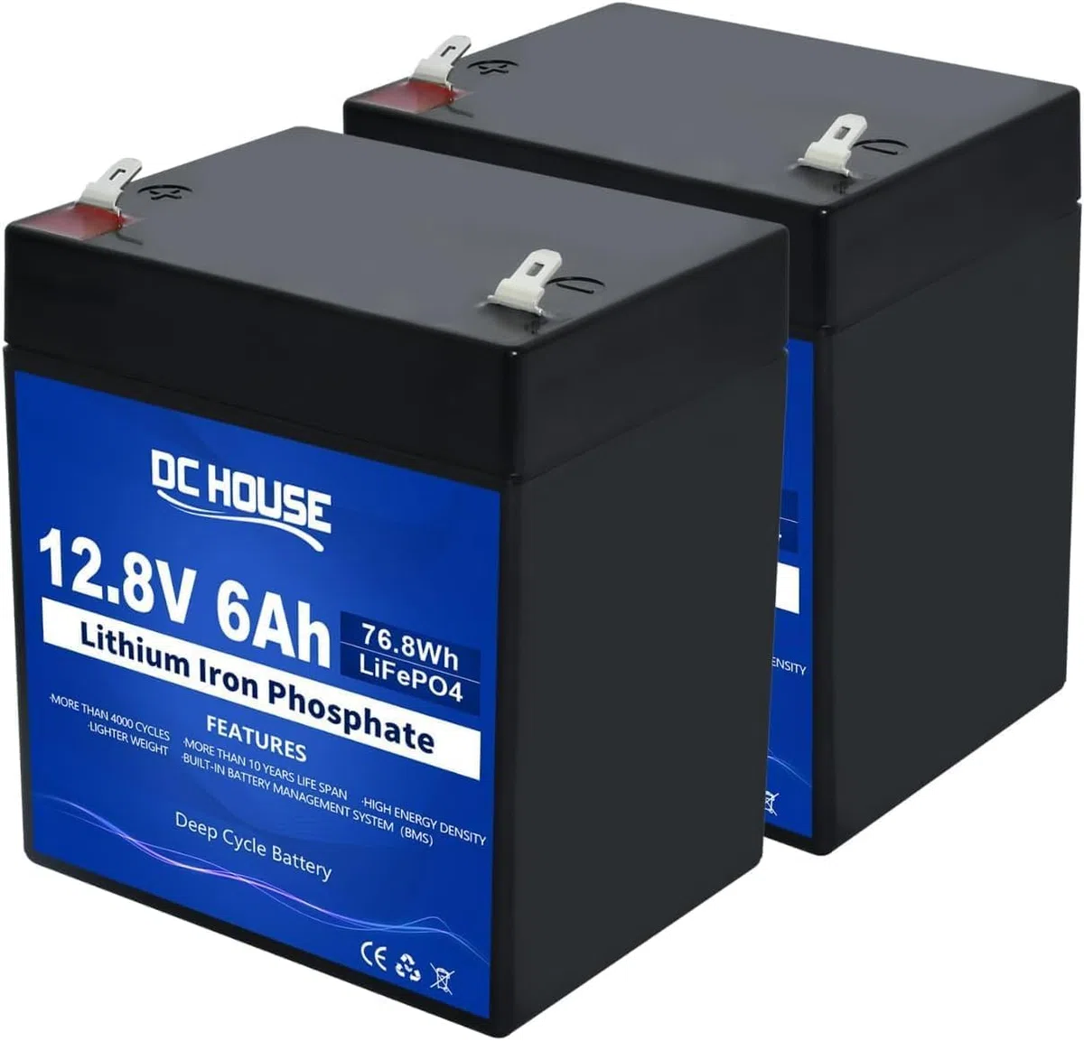 DCHOUSE Batteria Litio 12V 6Ah Mini 2PCS, Max.15000 Cicli e Con Protezione BMS, Batteria LiFePo4 12V Per UPS, Ecoscandaglio, Passeggino, Pannello Solare