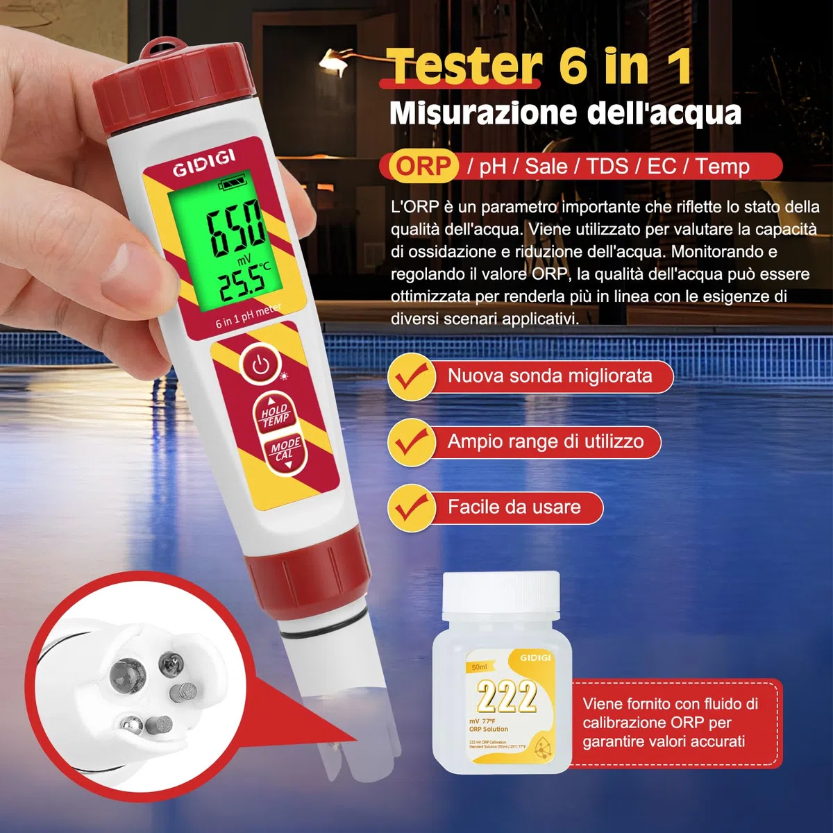 Misuratore pH digitale, 6 in 1 TDS EC Sale Temperatura pH ORP Tester con ORP 222mV Soluzione di calibrazione per piscina, spa, acqua potabile, idroponica, acquacoltura, trattamento delle acque,birra