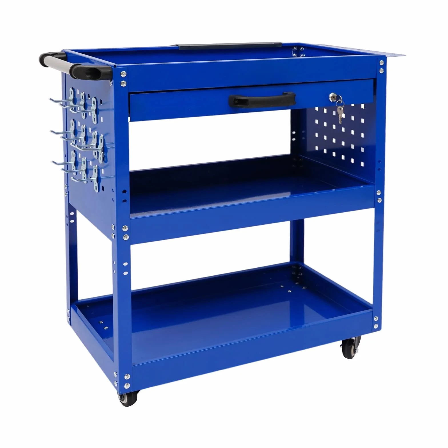 Carrello da officina a 3 ripiani, carrello da officina, carrello mobile in metallo con cassetto e ruote dei freni, carrello da officina con scatola e chiavi, per manutenzione auto, magazzino, garage