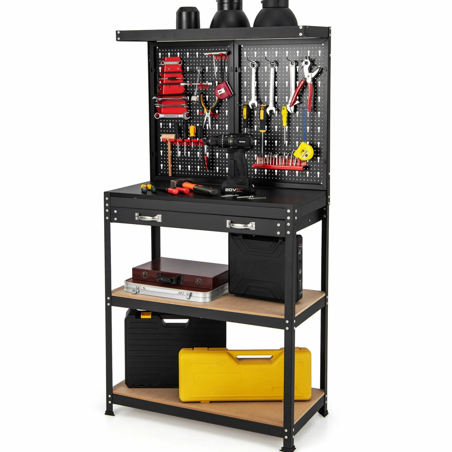 FANTASK Banco da lavoro alto 155 cm, banco attrezzi con parete forata e 13 accessori, tavolo da lavoro con cassetto