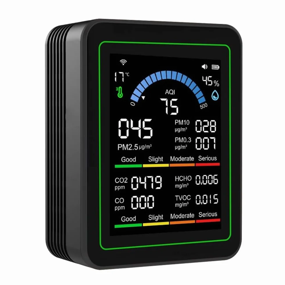 Monitor WiFi Qualità dell'Aria 10 in 1 Tuya Rilevamento CO HCHO PM2.5 PM1.0 PM10 PM0.3 Sensore Temperatura Umidità Tester Aria Interna Nero