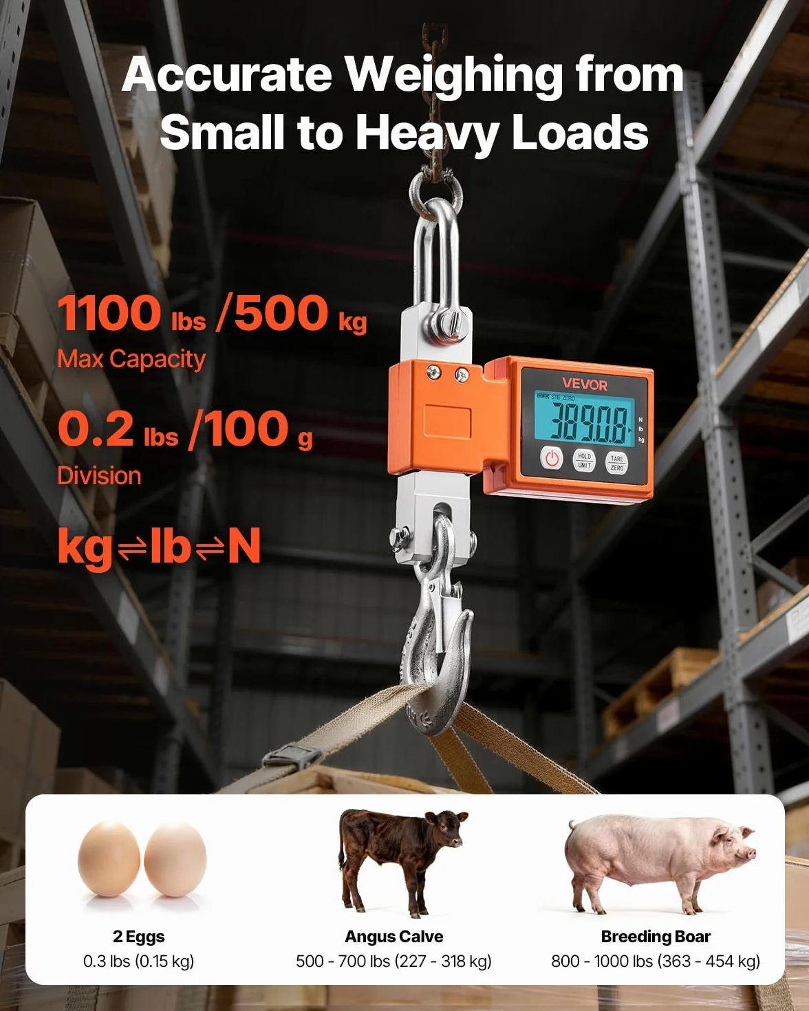 VEVOR Bilancia Elettronica per Gru 500 kg, Bilancia Industriale Sospesa, Alluminio Pressofuso, LCD, 100 g