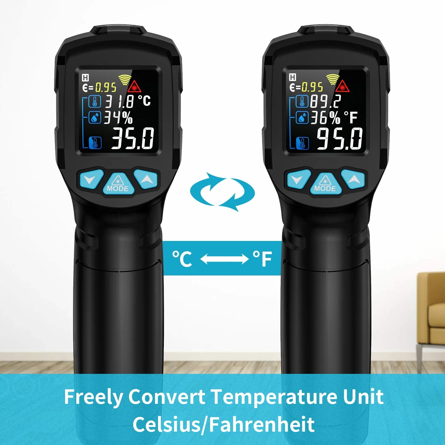 MESTEK Termometro Infrarossi Laser Digitale -50°C ~ 550°C LCD Colori Emissività Regolabile