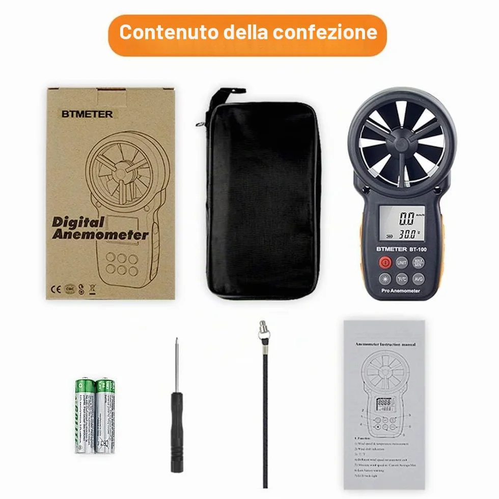 BTMETER BT-100 Anemometro digitale portatile misuratore velocità vento CFM MAX/MIN/AVG LCD