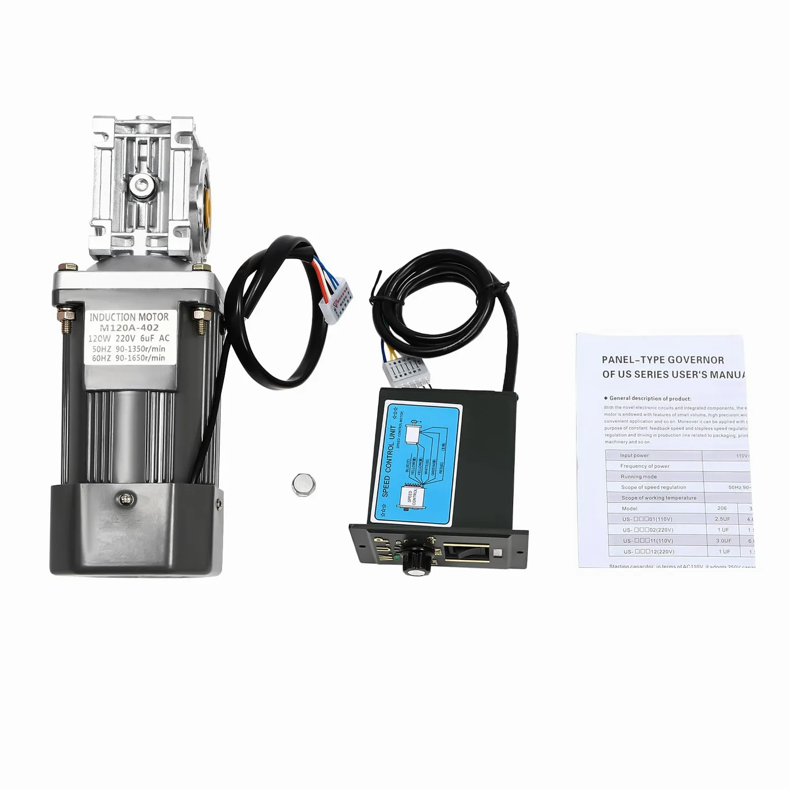 Motoriduttore elettrico, motore a corrente alternata, AC 220 V, 120 W, 1650 rpm, motore a vite senza fine CW/CCW, con regolatore e velocità regolabile, bobina di rame puro (30 K)