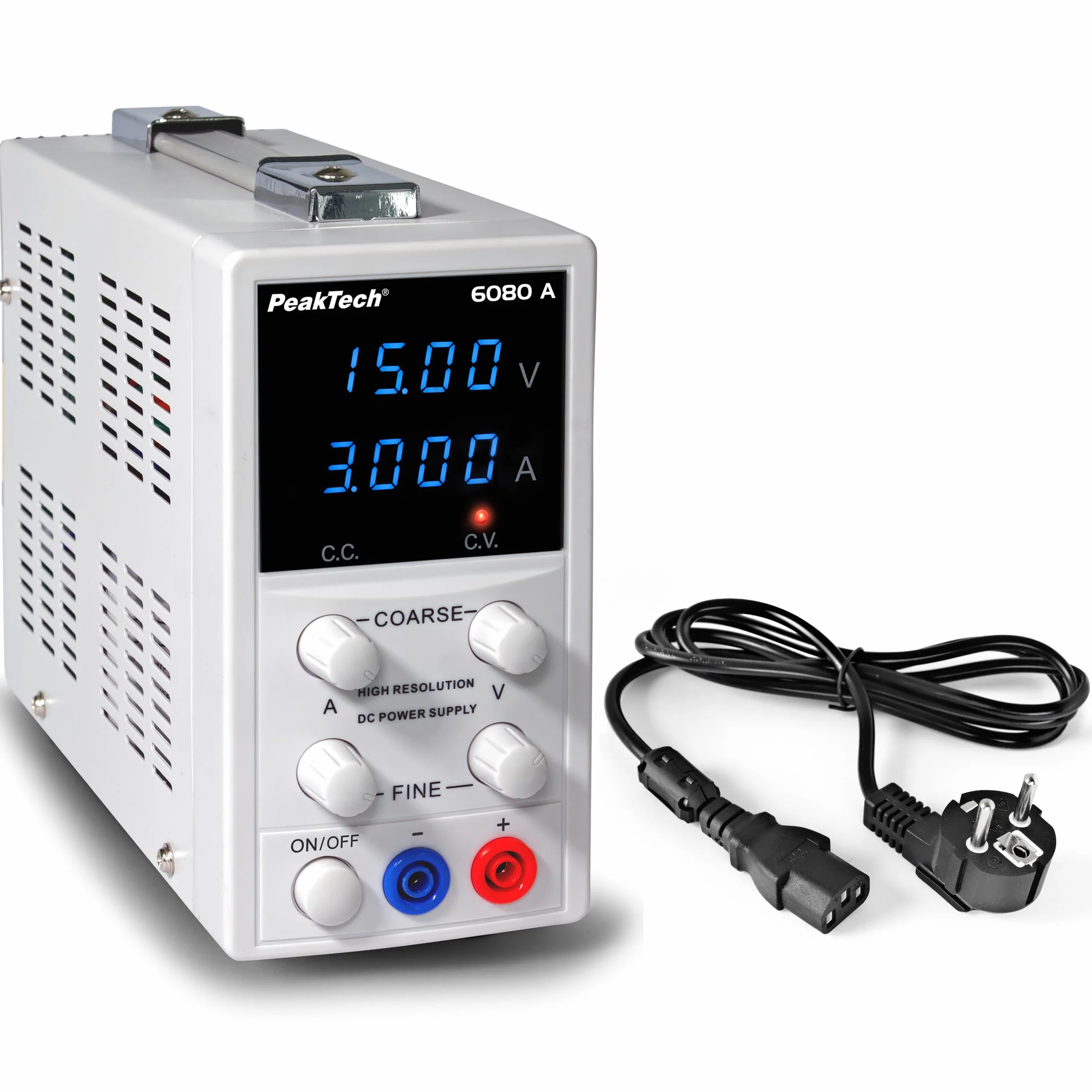 PeakTech 6080 A - Alimentatore da laboratorio 0–15 V / 0–3 A DC – Alimentatore professionale ad alta risoluzione con regolazione lineare, display a LED blu e protezione da bassissima tensione