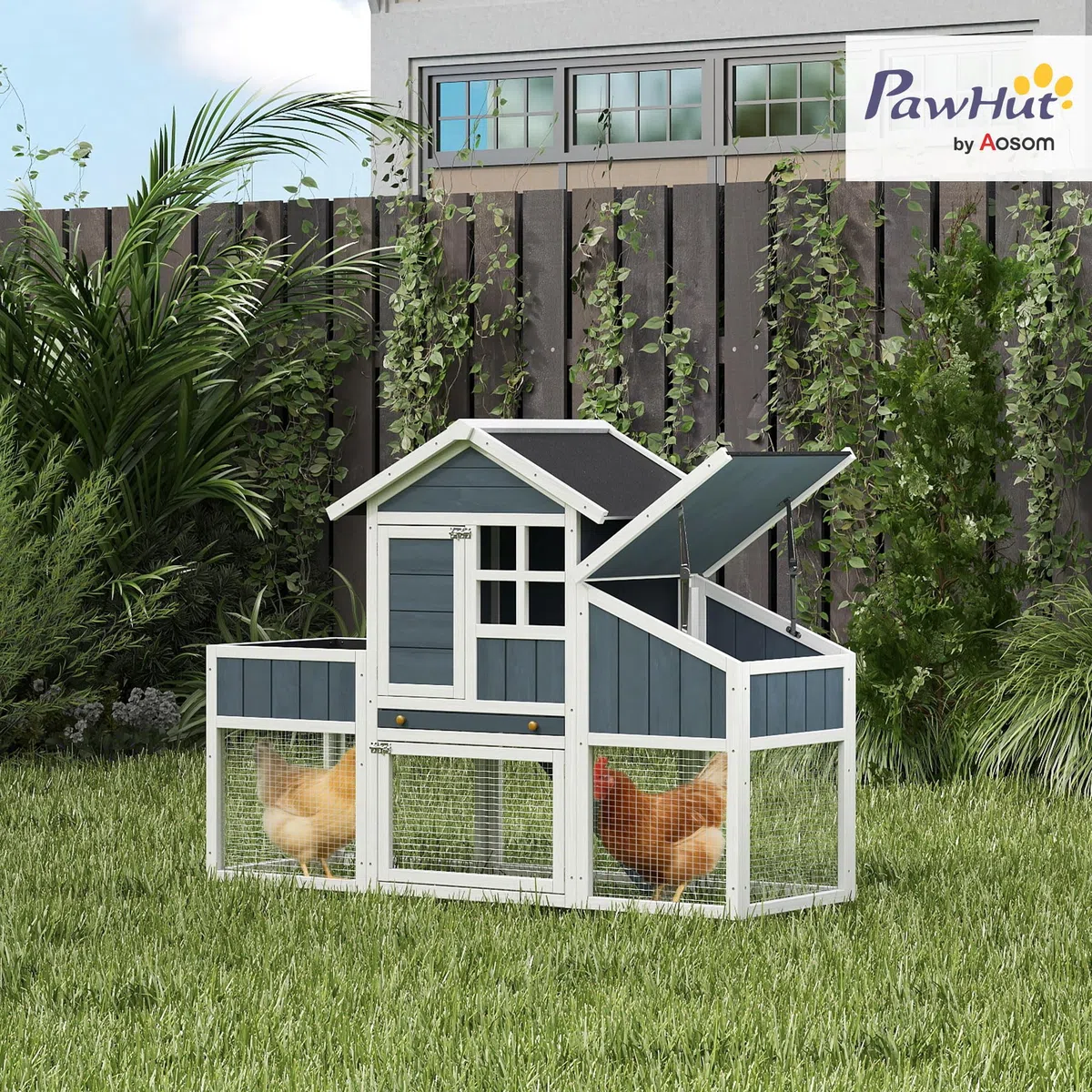 PawHut Pollaio Prefabbricato in Legno con Area Aperta, Pollaio per Galline da Esterno, Casetta per Galline e Nido per la Cova, Aiuola e Tetto in Asfalto, Grigio