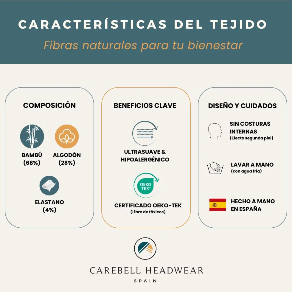 CAREBELL Cappello Amalfi con Nastri Lunghi per Alopecia, Perdita di Capelli, Cancro in Tessuto di Bambù