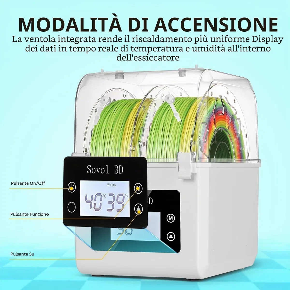 Sovol SH01 Essiccatore Filamento 3D Filament Dryer per 2 bobine di filamento 3D per PLA/ABS/TPU/altri materiali di stampa 3D, Bianco