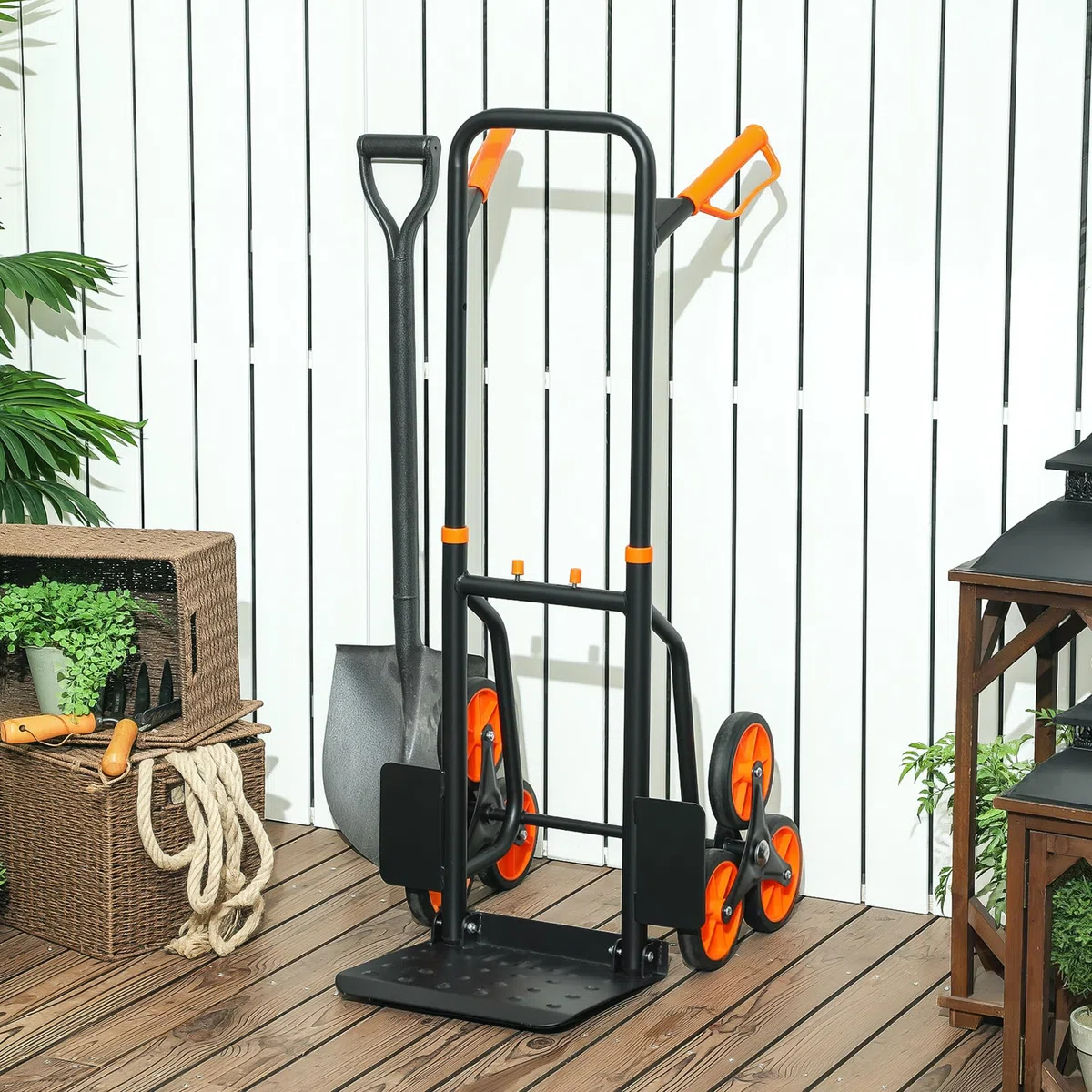 DURHAND Carrello Portapacchi per Scale 6 Ruote, Carrello Pieghevole, Portata 120kg, Carrello con Ruote Portatutto, Telaio Acciaio, Maniglia in PP, per Trasloco, Giardinaggio, Oggetti Pesanti Arancione