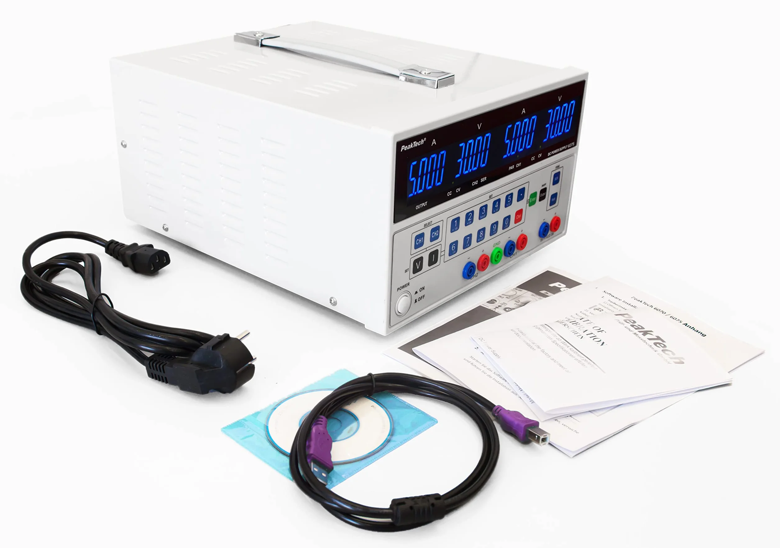 PeakTech - Alimentatore da laboratorio digitale doppio, 0-30 V / 0-5 A DC con USB, stabilizzato, lineare, 1 mA e risoluzione 10 mV, senza ventola, 1 pezzo, P 6075