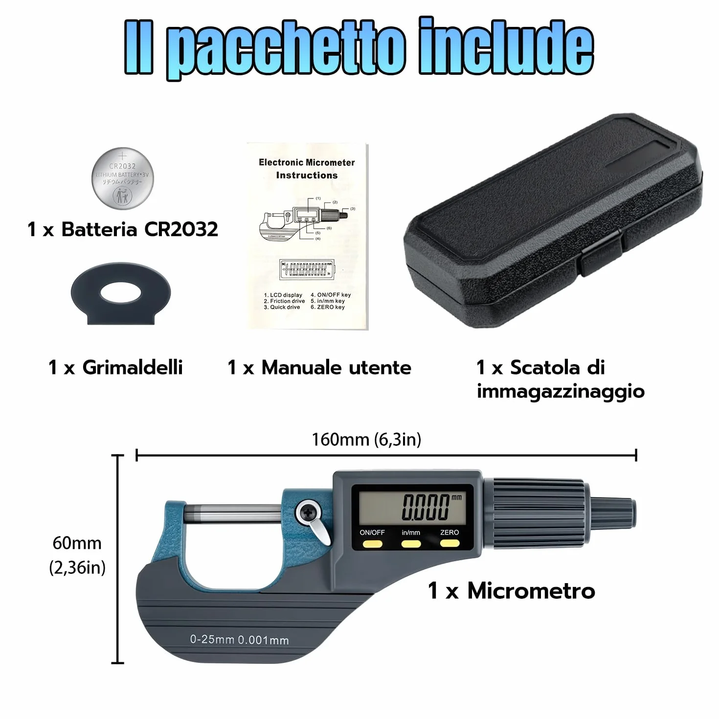 Micrometro Digitale 0-25mm Calibro Micrometrico Esterno Display LCD Risoluzione 0,001mm Conversione Metrica/Pollici