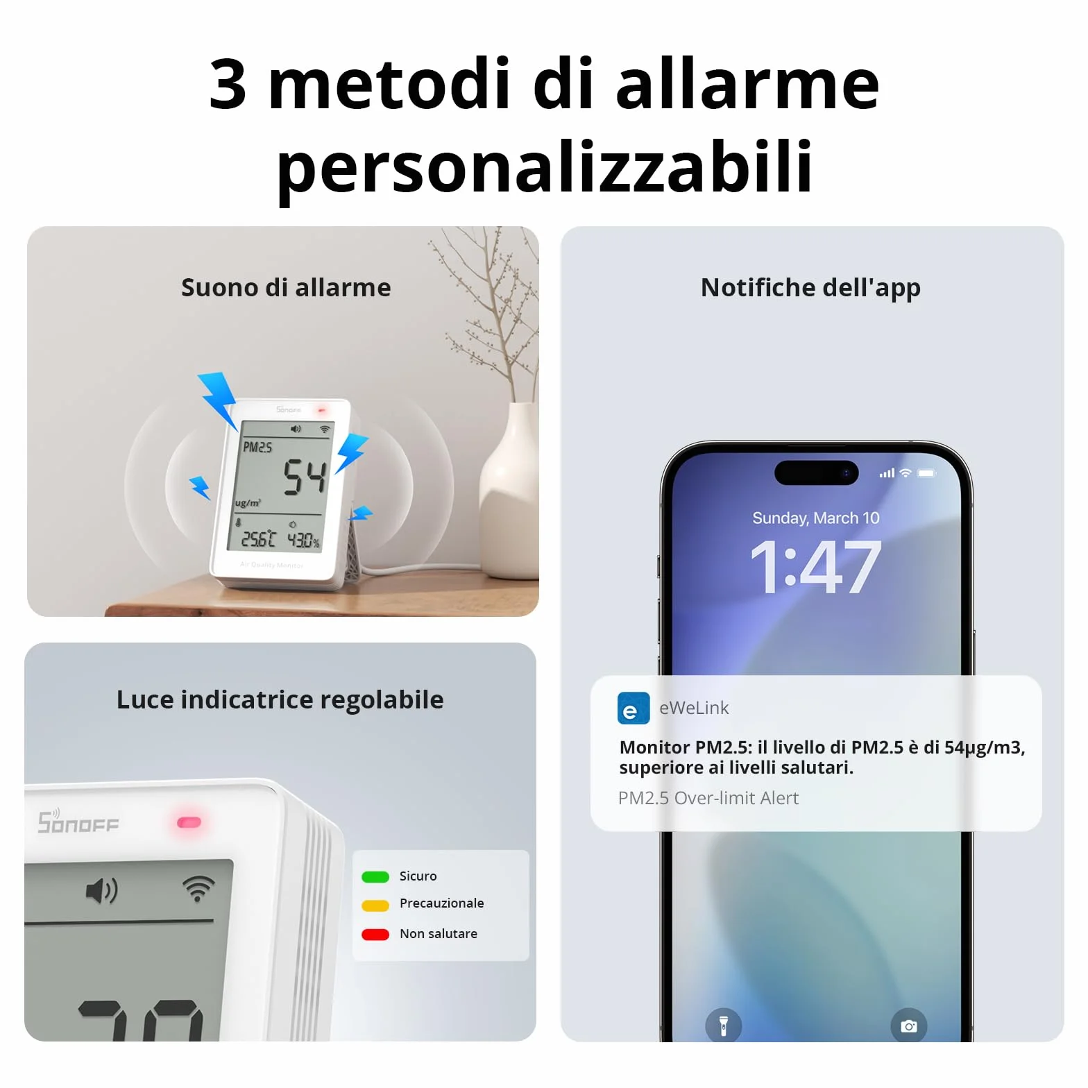 SONOFF Monitoraggio intelligente della qualità dell'aria PM2.5 PM10 Temperatura Umidità Display Allarme