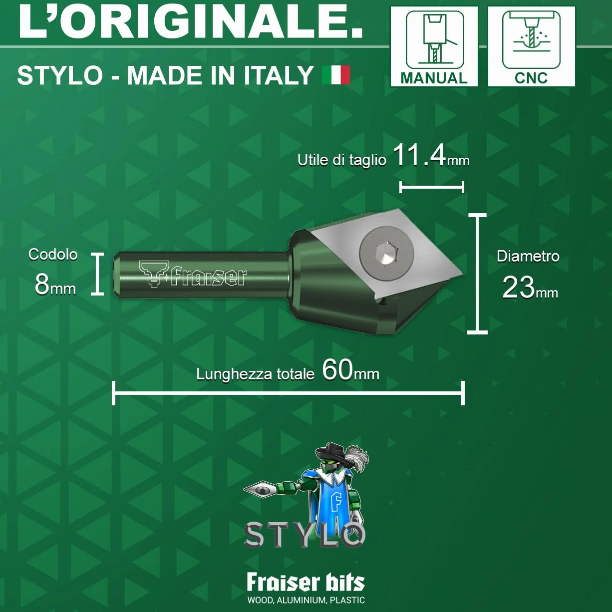 Fraiser Stylo - fresa a V multifunzione con coltellino reversibile per incidere, smussare a 45° e scanalature a 90° su legno, derivati e plastiche, gambo 8 mm, per CNC e fresatrice verticale