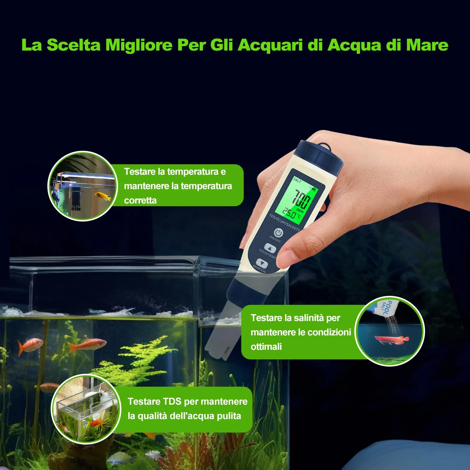Pious Misuratore pH 5 in 1 TDS/EC/Salinità/Termometro Display LCD, Compensazione Automatica della Temperatura, per Coltura Idroponica Piscina