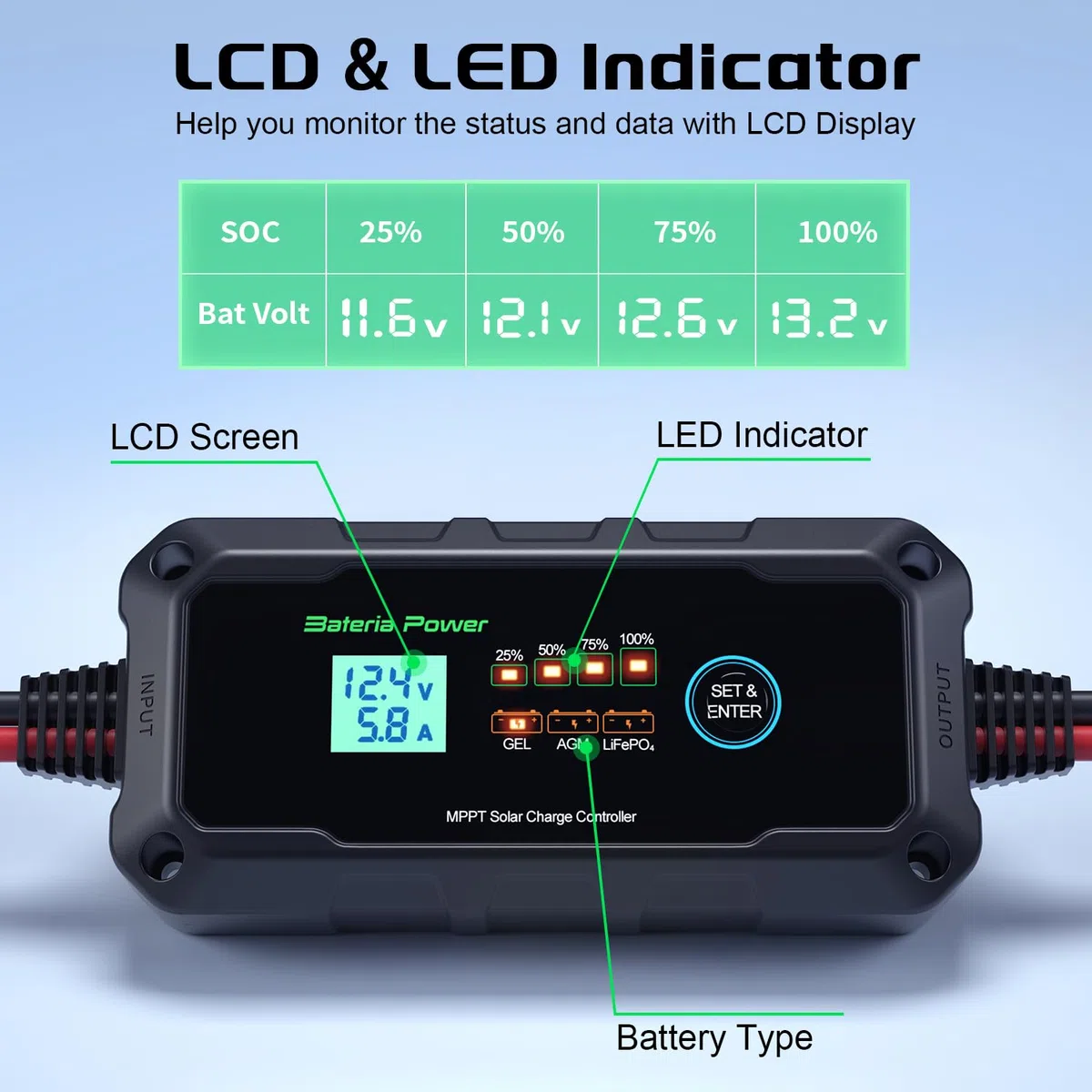 Bateria Power Regolatore di carica solare MPPT 10 A, 12 V, intelligente con display LED e LCD, compatibile Li-ion, AGM, LiFePO4