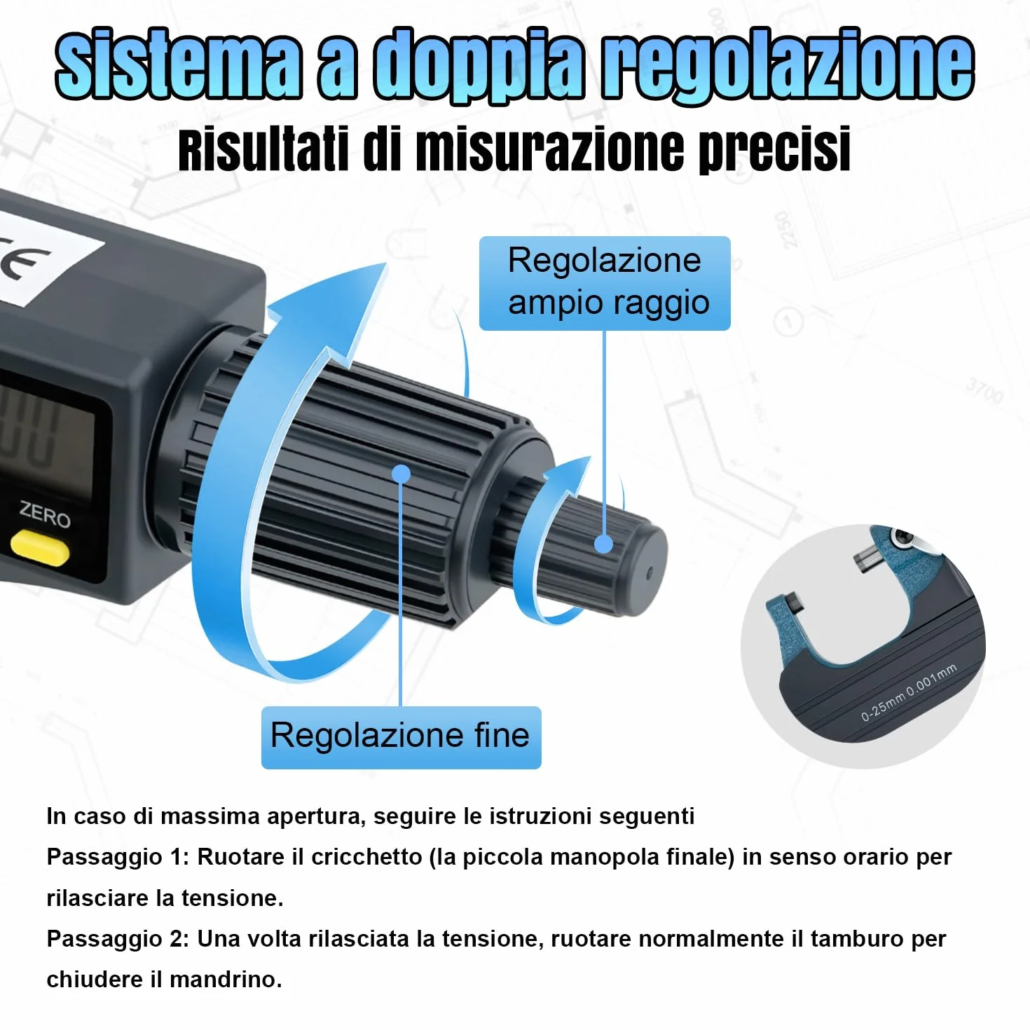 Micrometro Digitale 0-25mm Calibro Micrometrico Esterno Display LCD Risoluzione 0,001mm Conversione Metrica/Pollici