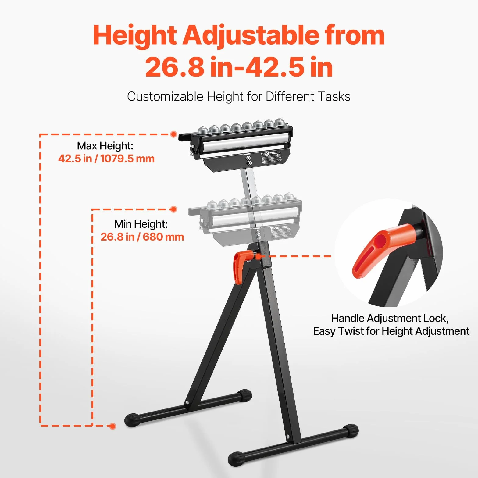 VEVOR Supporto a Rulli, Carico di 136 kg Supporto a Rulli per Troncatrice da Tavolo, Altezza Regolabile 680 a 1079,5 mm per Impieghi Gravosi con Testa a Rulli Multidirezionale Lucidata da 292,1 mm