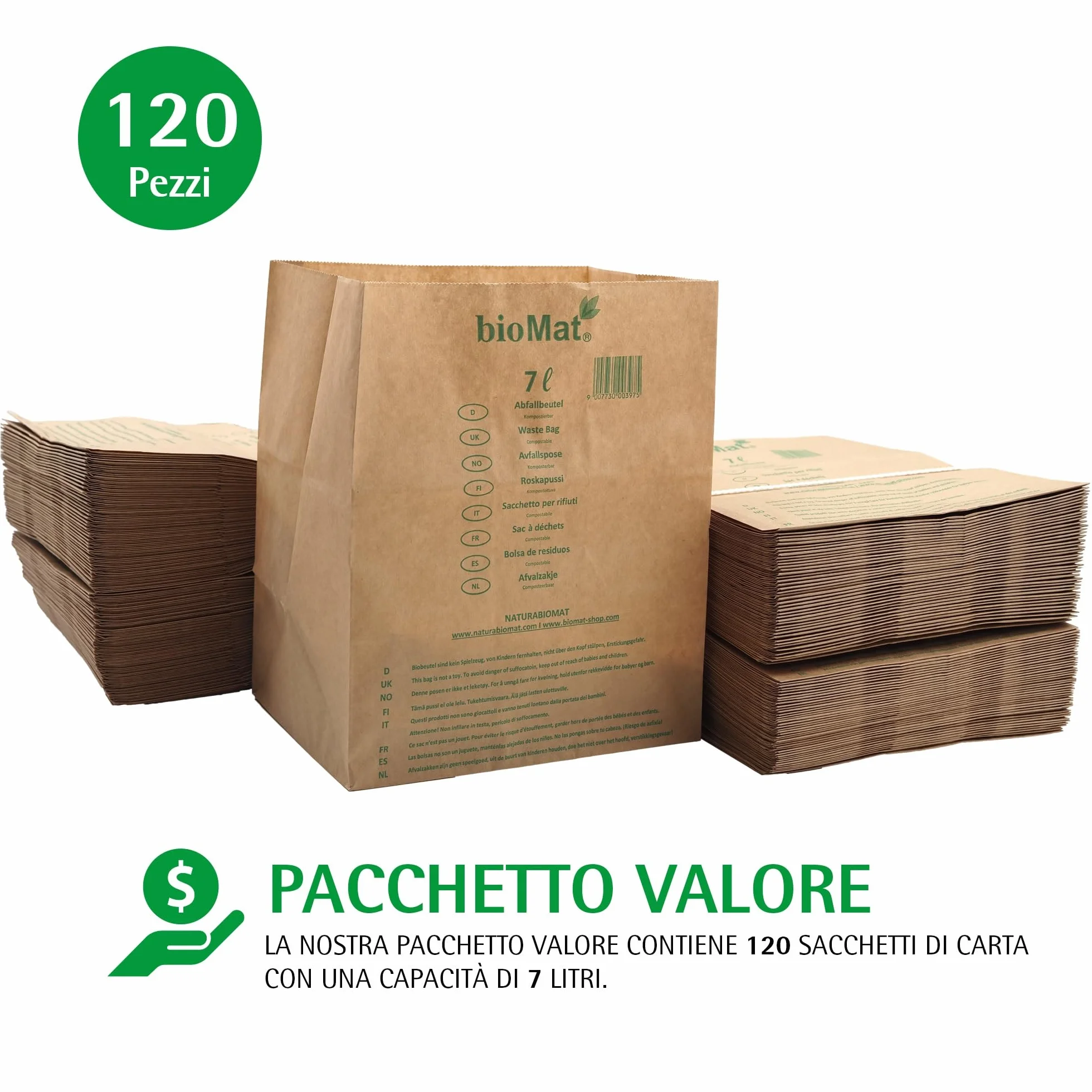 bioMat Sacchetti di Carta Compostabili da 7l per Umido, 120 Sacchetti Kraft, Resistenti all'Umidità, Made in Germany