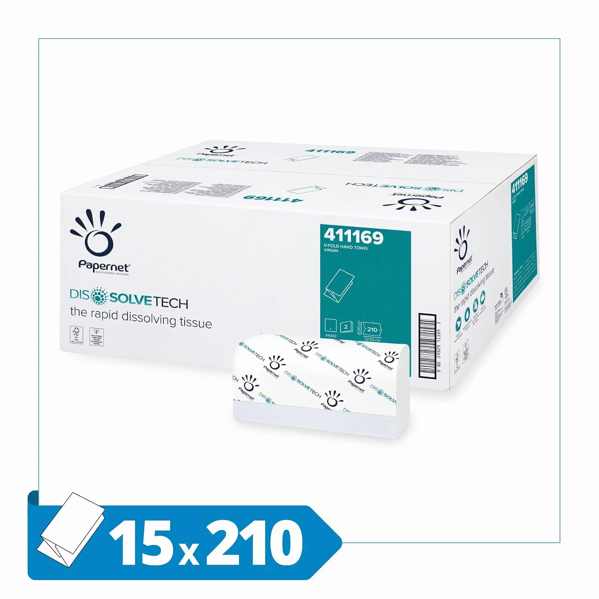 Papernet Dissolve Tech Asciugamano Piegato a V 411169 3.150 Asciugamani Carta Cellulosa Biodegradabile 2 Veli 22x10,5cm