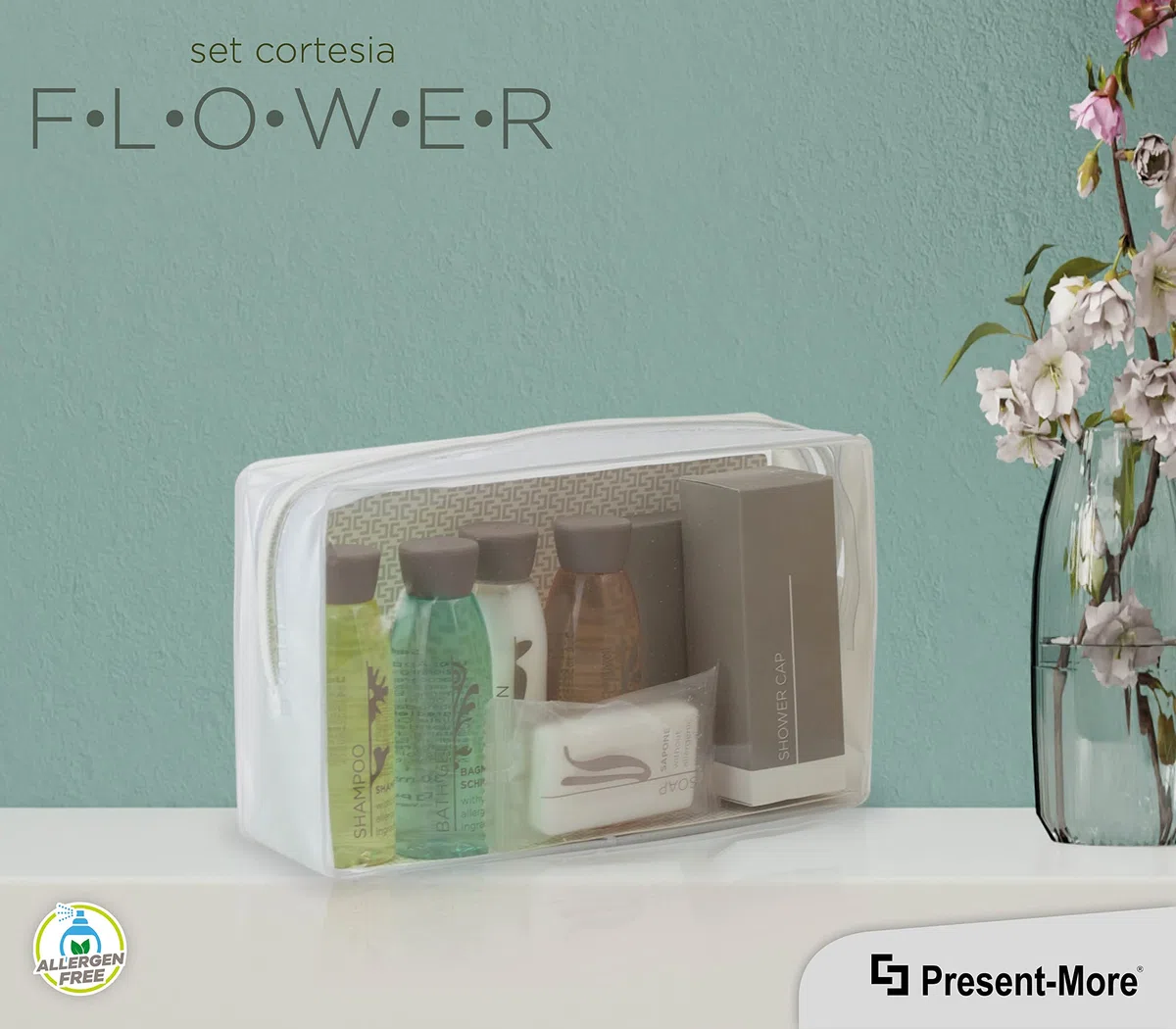PRESENT-MORE - Set Cortesia 12 Ospiti Flower - Fragranza Tè Verde - Contiene: Shampoo, Gel Doccia, Crema, Gel Intimo, Sapone e Accessori - Per Hotel e B&B