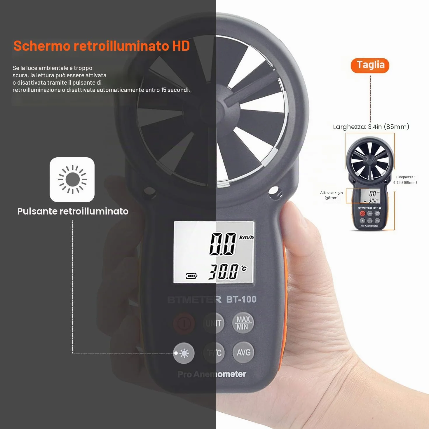 BTMETER BT-100 Anemometro digitale portatile misuratore velocità vento CFM MAX/MIN/AVG LCD