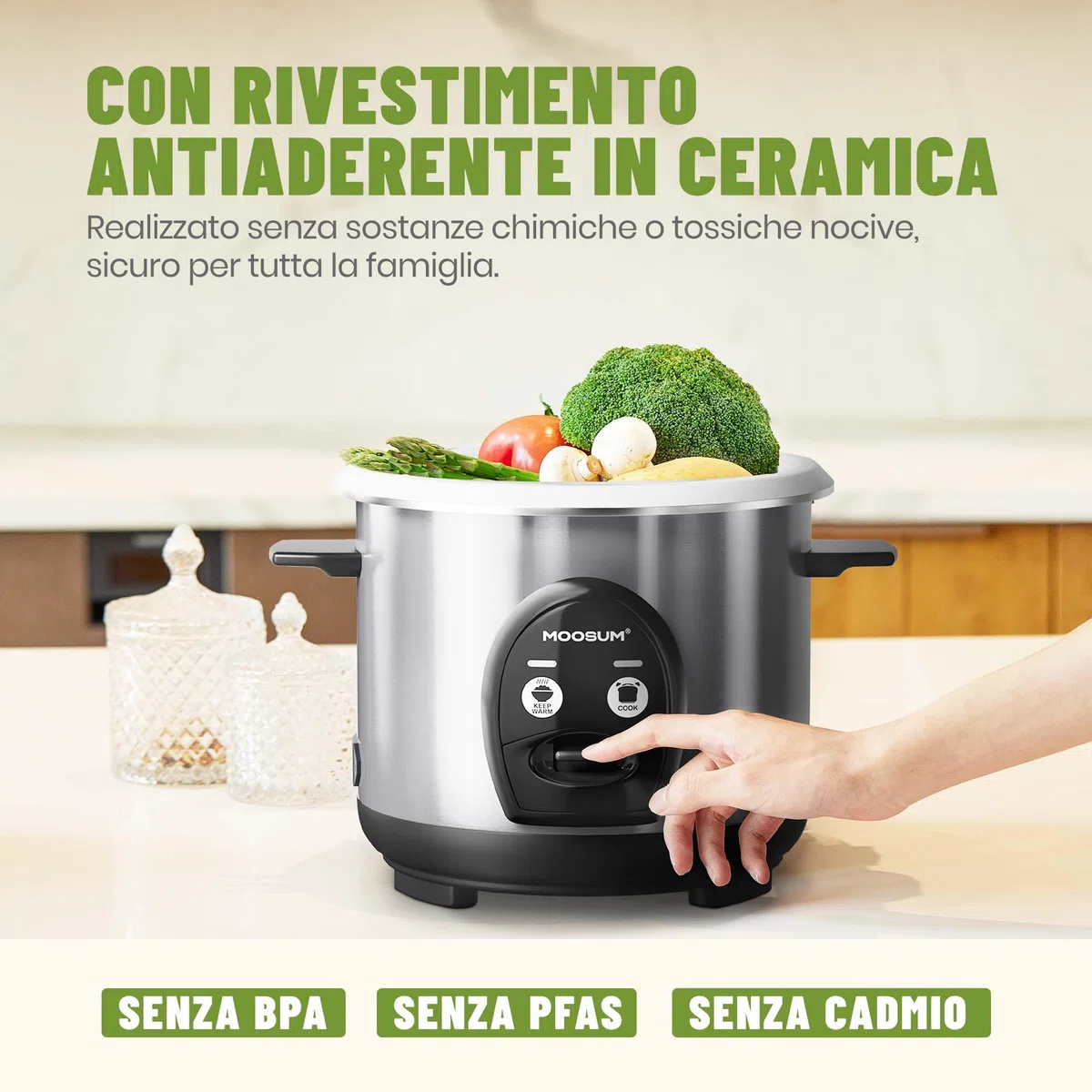 Cuociriso & Comando a un Pulsante, 0,6L per 1-3 Persone, Preparazione Veloce Senza Bruciature - con Funzione di Mantenimento in Caldo, Argento
