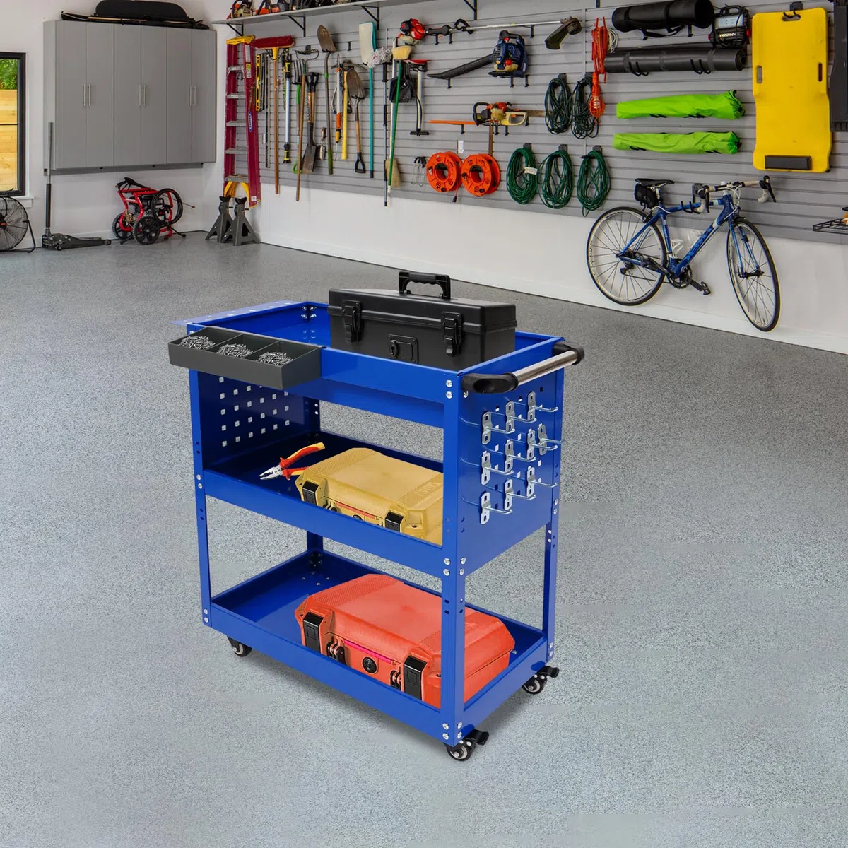 Carrello da officina a 3 ripiani, carrello da officina, carrello mobile in metallo con cassetto e ruote dei freni, carrello da officina con scatola e chiavi, per manutenzione auto, magazzino, garage
