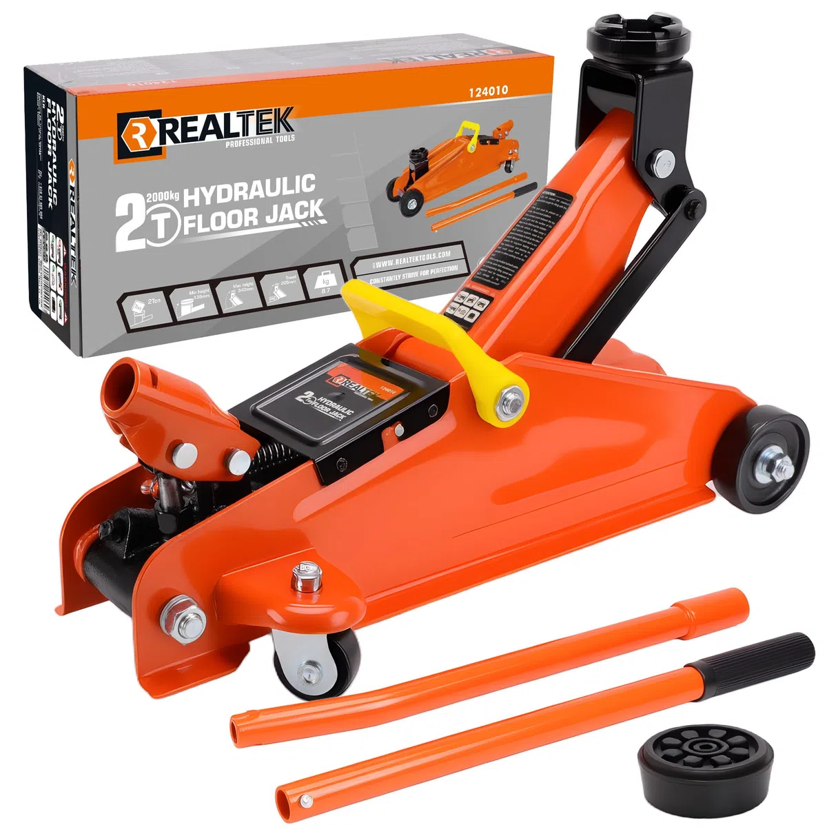 REALTEK Cric idraulico 2T, cric auto, 135 – 340 mm, cric idraulico a 360° per auto per Riparazione Auto, casa e officina