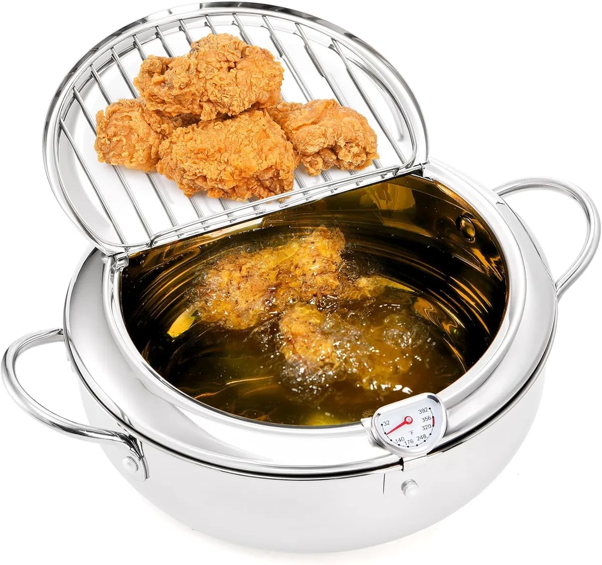 Pentola per frittura, pentola giapponese in acciaio inox con scarico dell'olio, controllo della temperatura e coperchio, friggitrice tempura per fornelli a gas/induzione, per patatine e pollo (28CM)