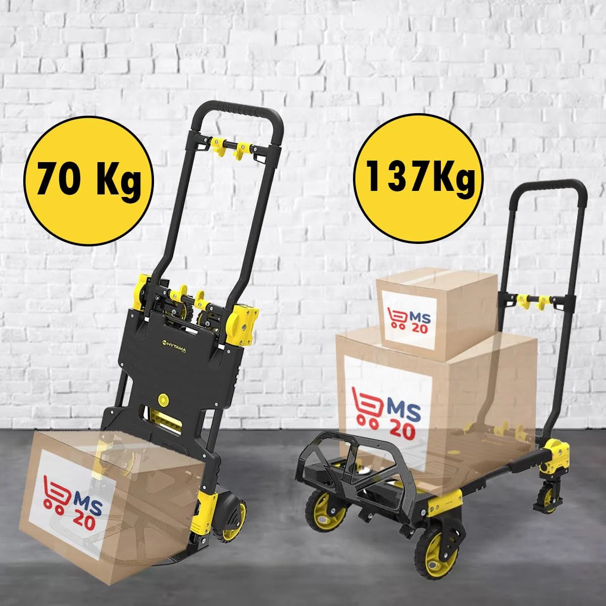Carrello Portapacchi Pieghevole Professionale FOLD MAX 2 in 1, Trasformabile Trolley/Piattaforma 2-4 Ruote, Portatutto Richiudibile Compatto, Portata 70/137 kg, per Scatole, Pacchi e Legna Resistente
