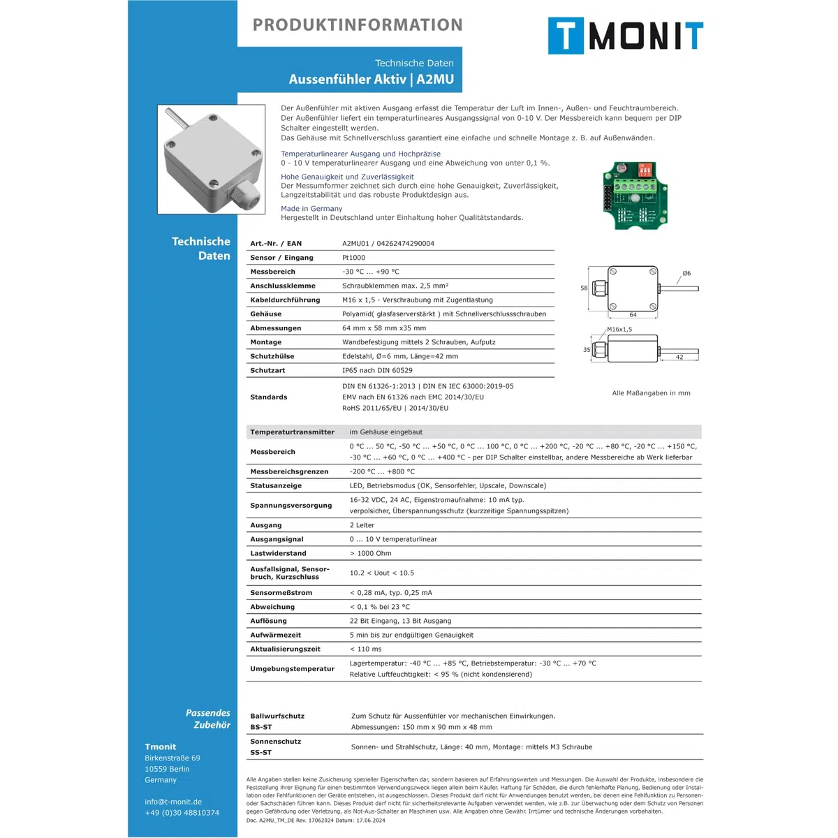 Trasmettitore di temperatura esterna rapido con sensore PT1000, attivo, 4-20mA, NE43, IP65